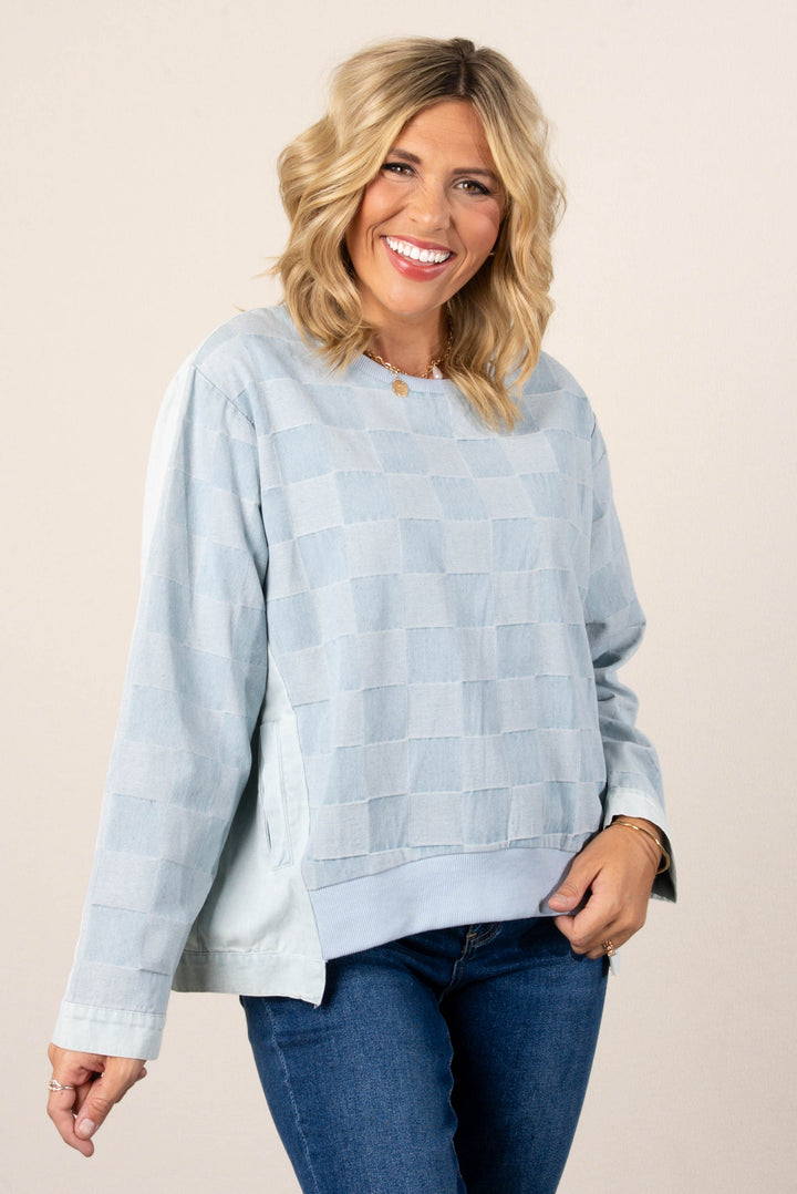 Mineral Washed Gingham Denim Top