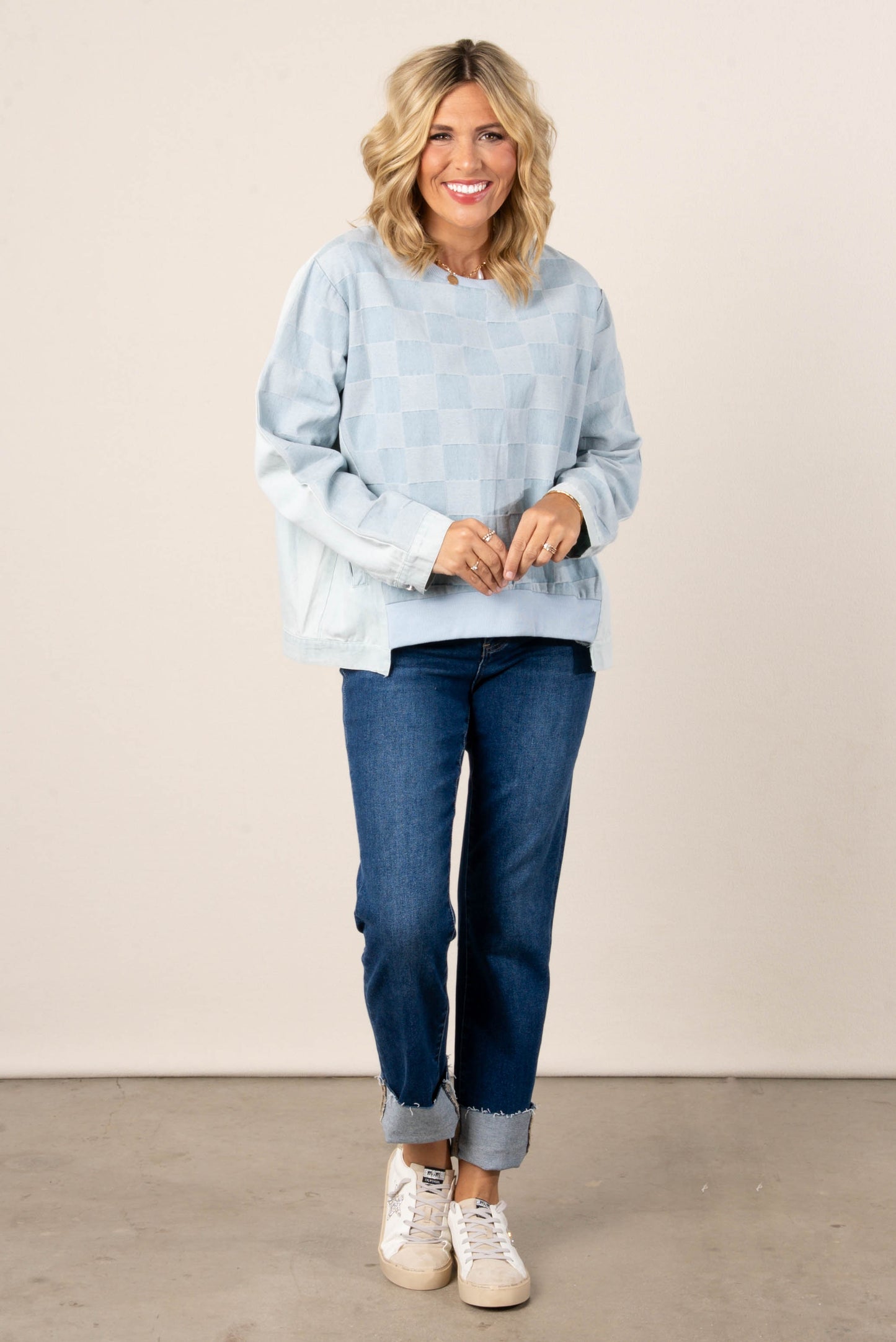 Mineral Washed Gingham Denim Top
