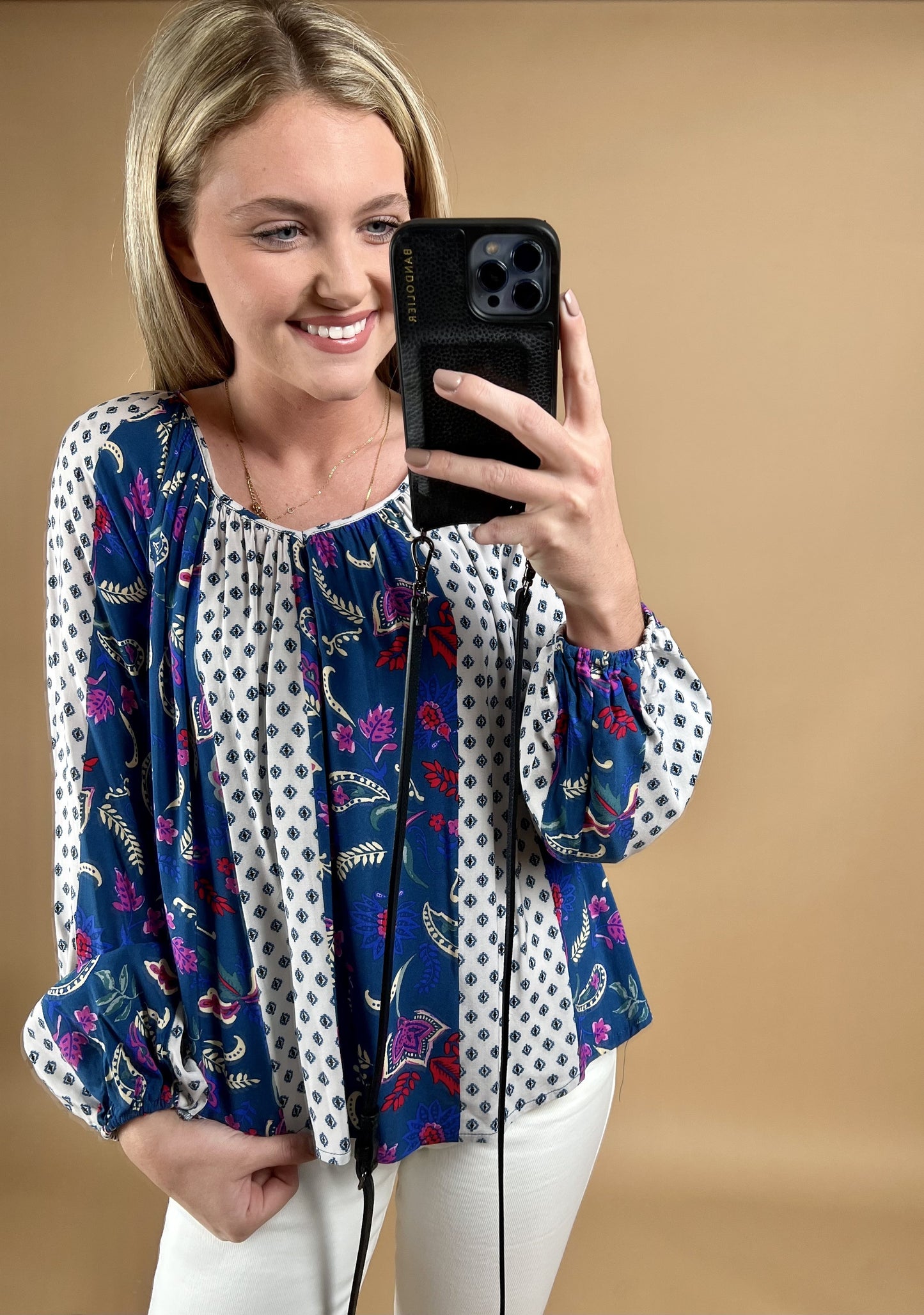 sku33194 | Mixed Border Print Tie Back Blouse *Final Sale*