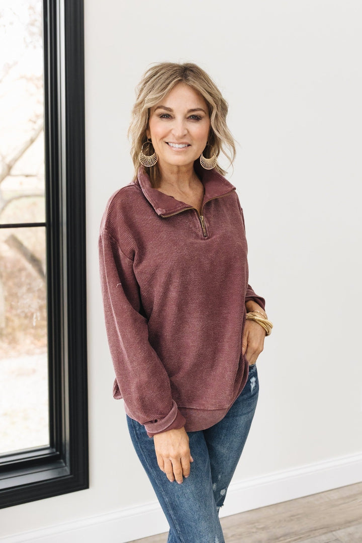 Washed Ribbed Quarter Zip Pullover