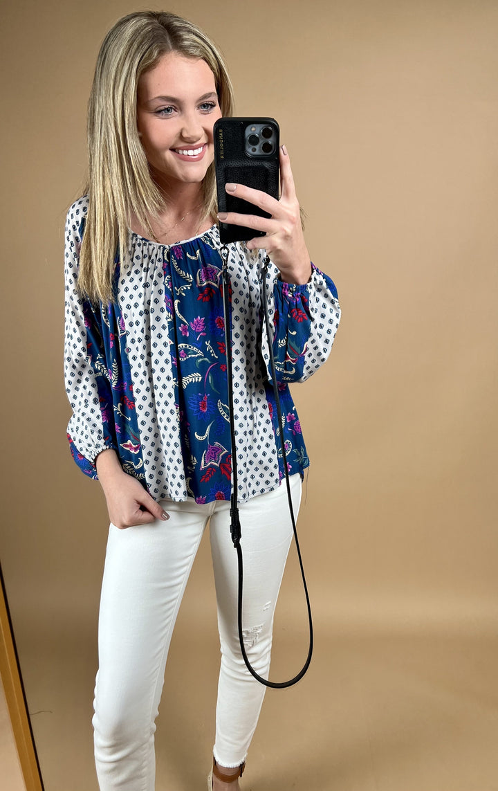 Mixed Border Print Tie Back Blouse *Final Sale*