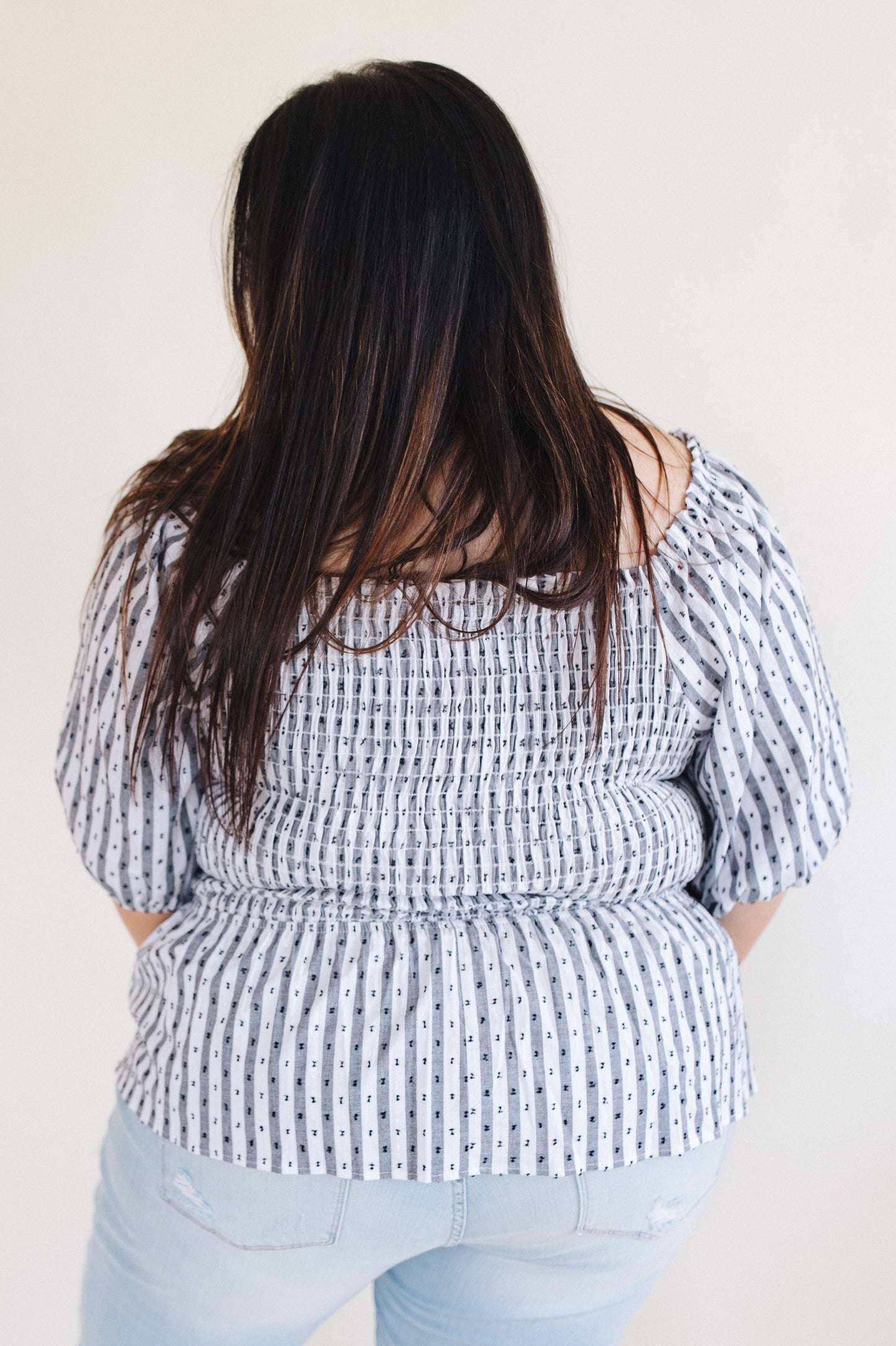 sku29481 | Stripe Swiss Dot Smocked Peplum Top