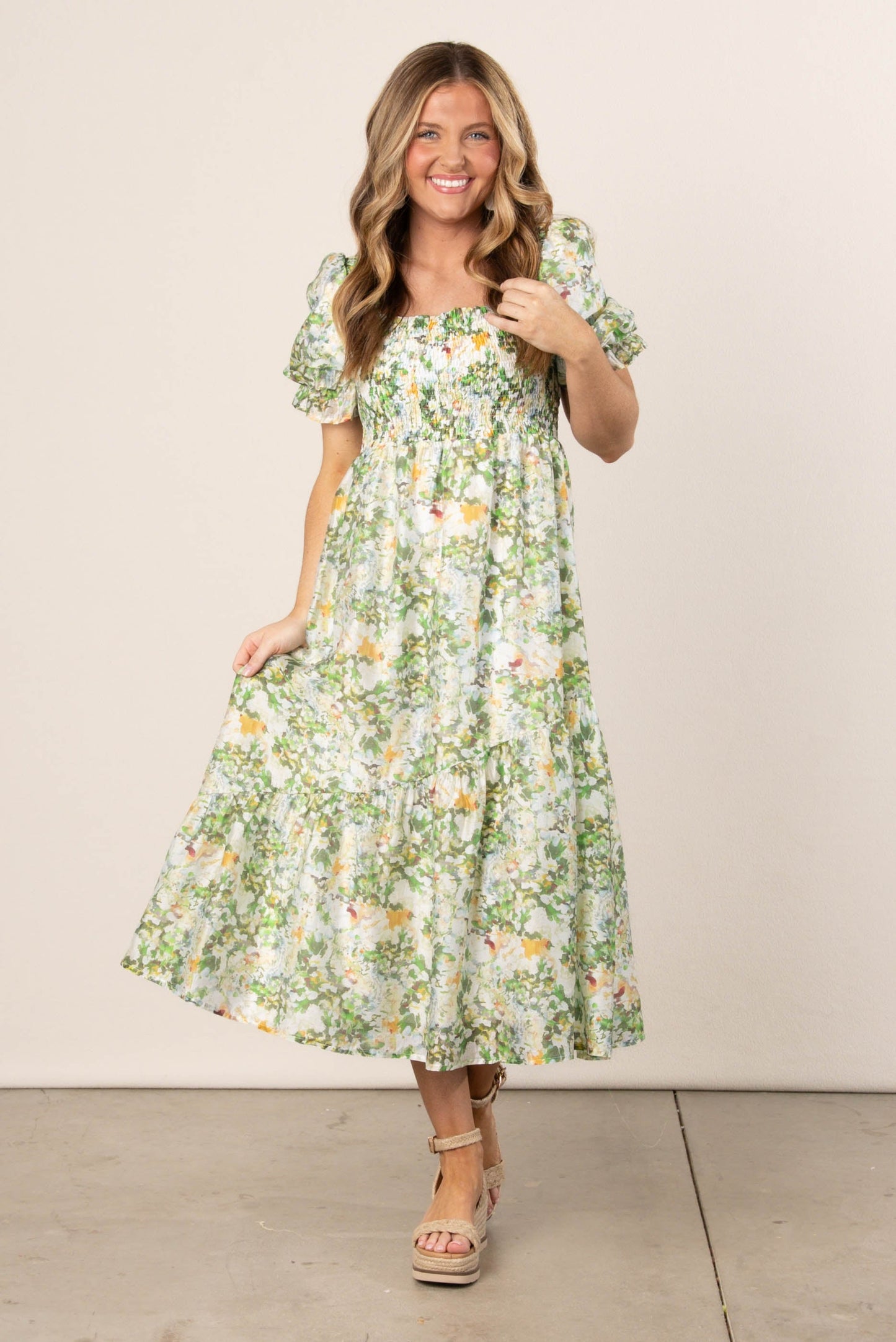 Floral Chiffon Smocked Midi Dress