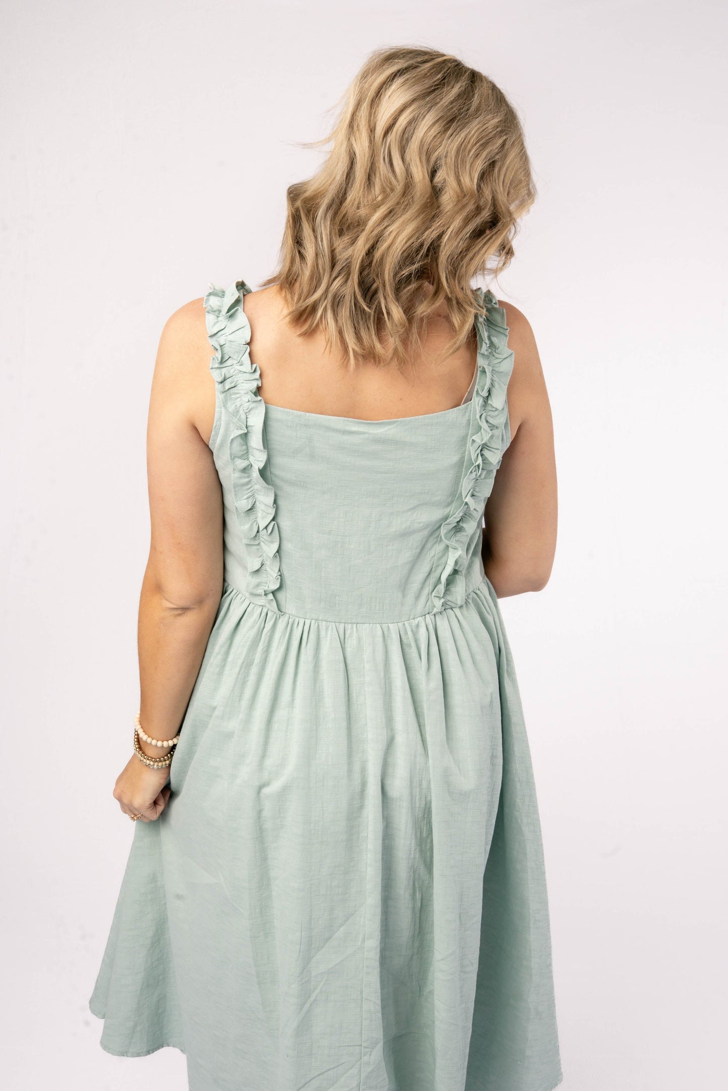 Pintucked Ruffle Detail Midi Dress Sage