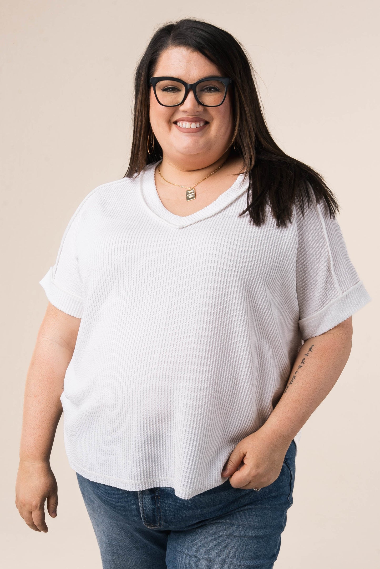 Corded Rib Exposed Seam V-Neck Top