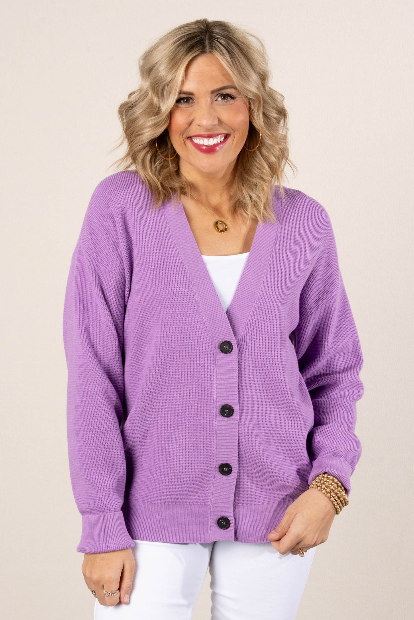 Mini Waffle Knit Button Up Cardigan