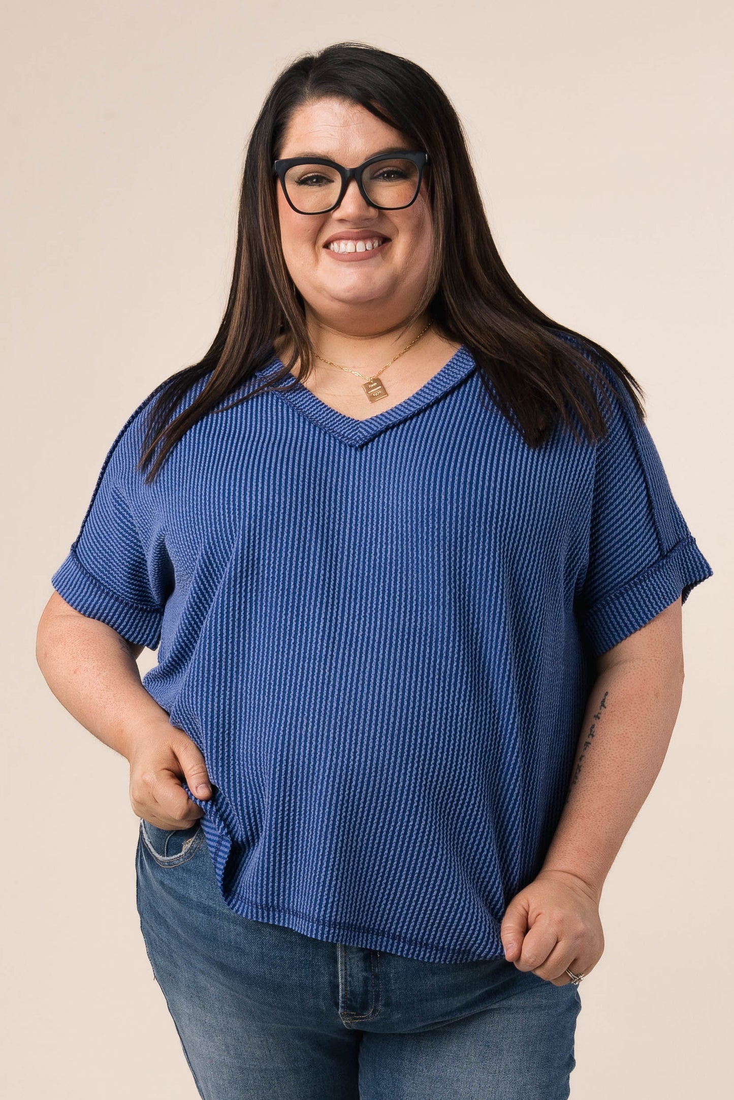 Corded Rib Exposed Seam V-Neck Top