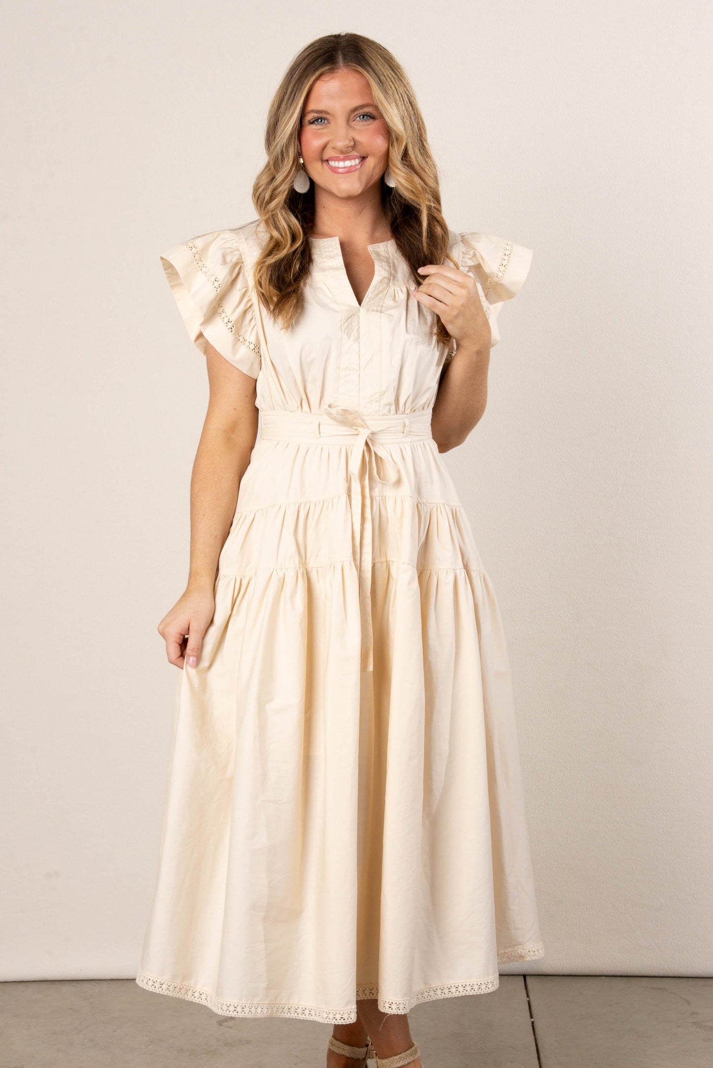 Flutter Sleeve Belted Midi Dress