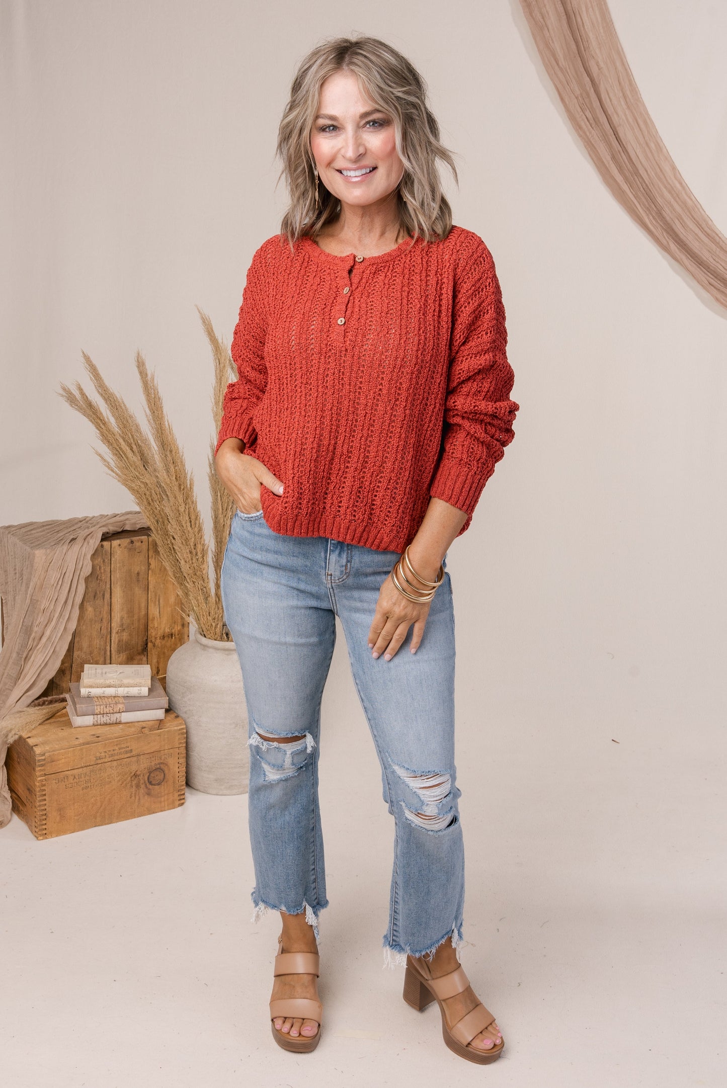 Open Knit Cropped Henley Sweater