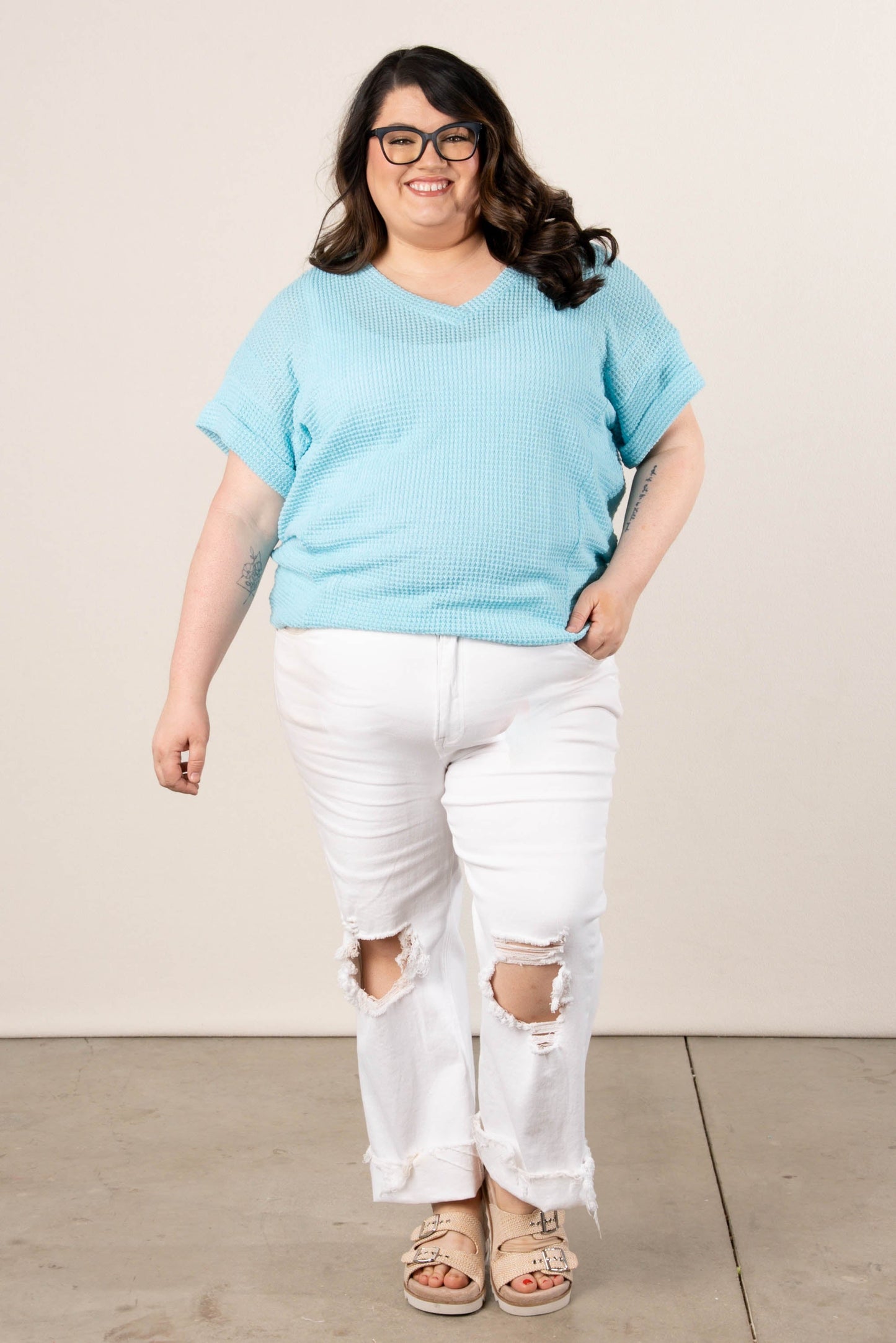 Waffle Knit Cuffed Sleeve Top