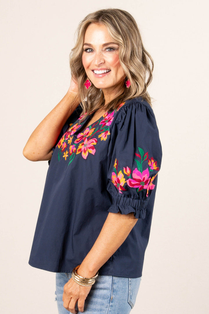 Floral Embroidered Smocked Cuff Top