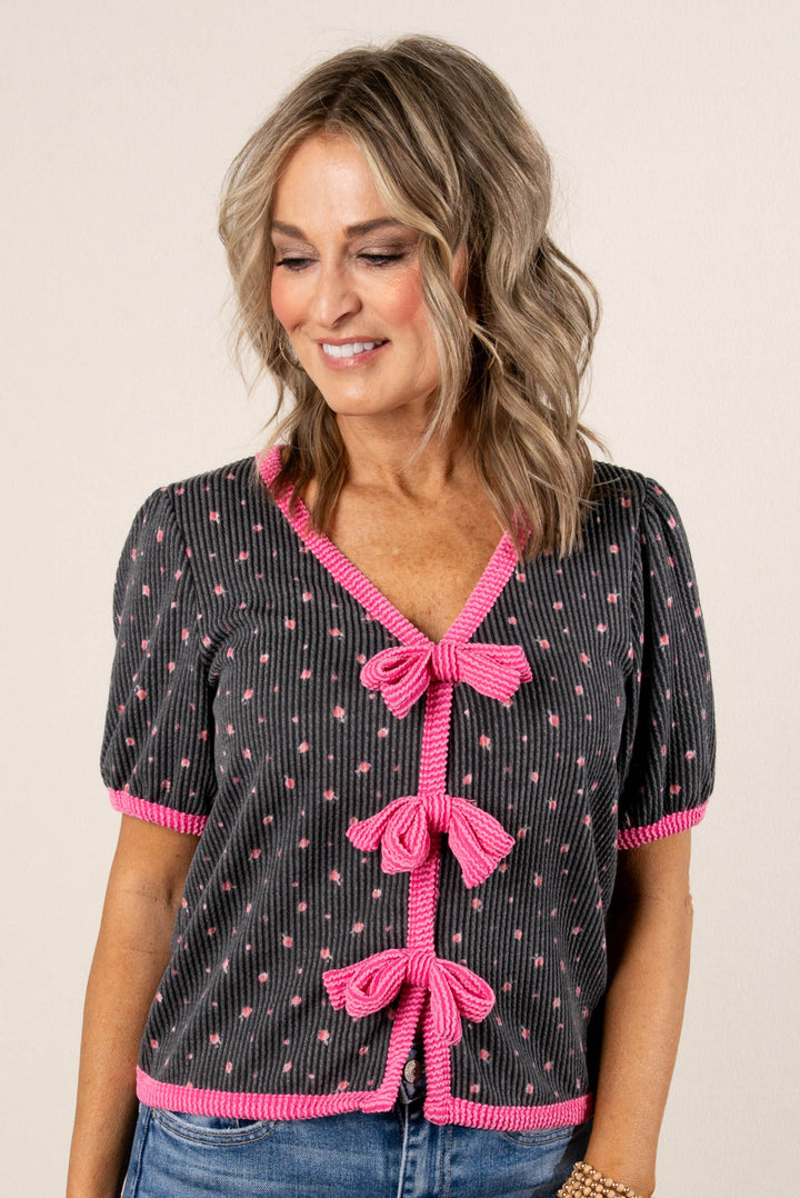 Ribbed Floral Bow Front Top *Final Sale*