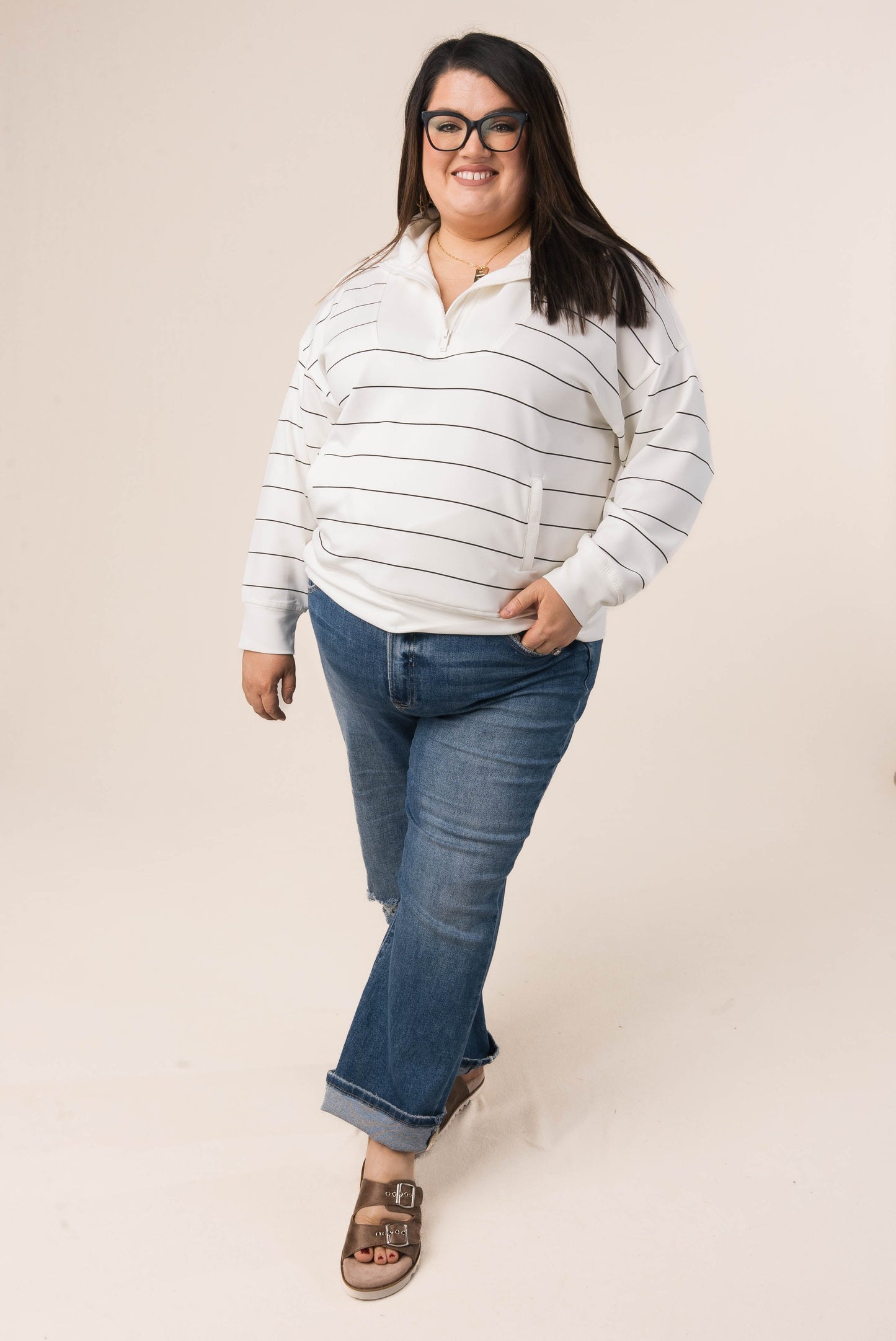 Striped Half Zip Funnel Neck Pullover