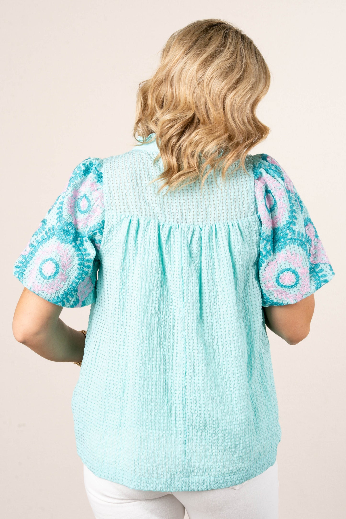 Seersucker Embroidered Sleeve Top