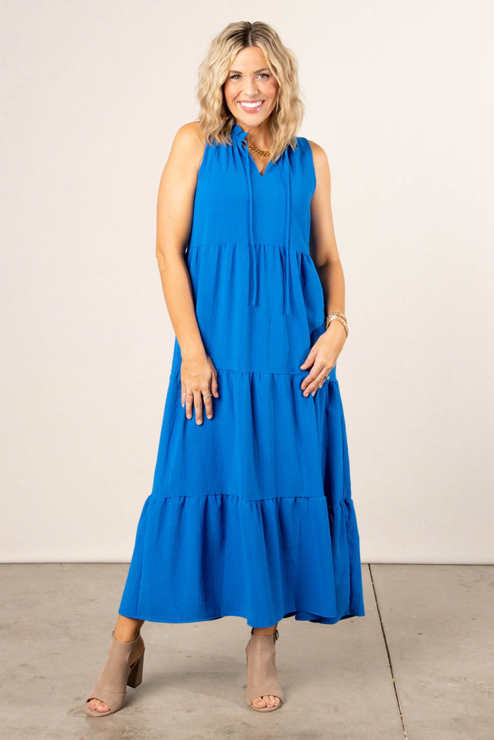 Frill Tie Neck Tiered Midi Dress