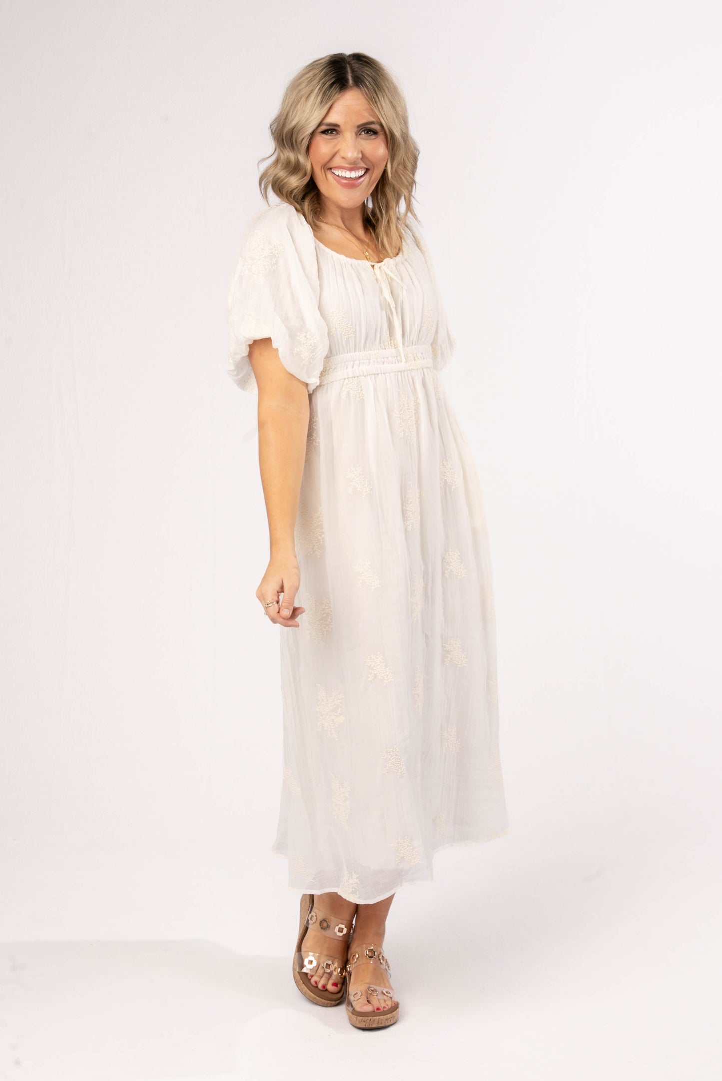 Embroidered Gauze Knit Midi Dress