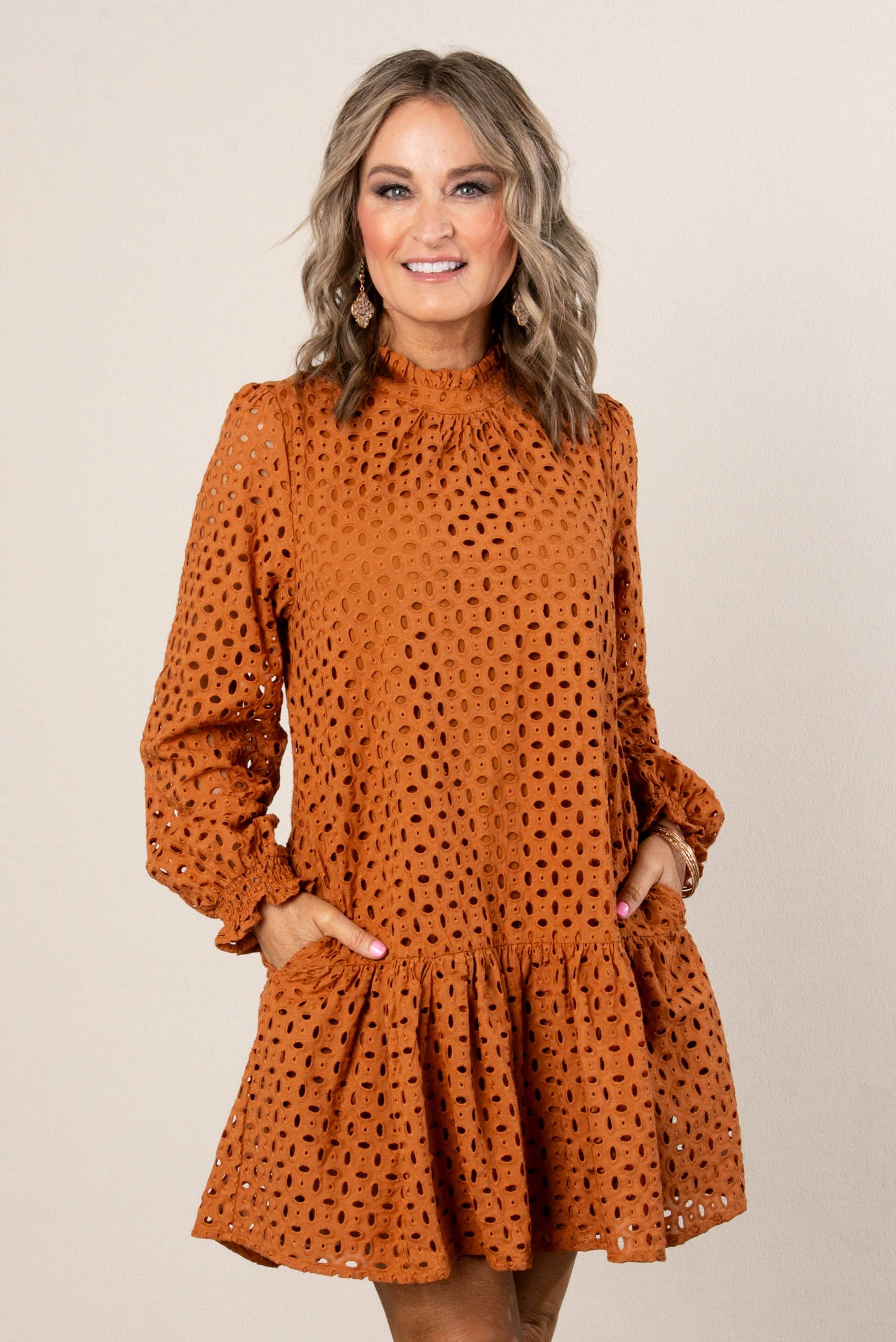 Eyelet Lace Overlay Frill Neck Dress