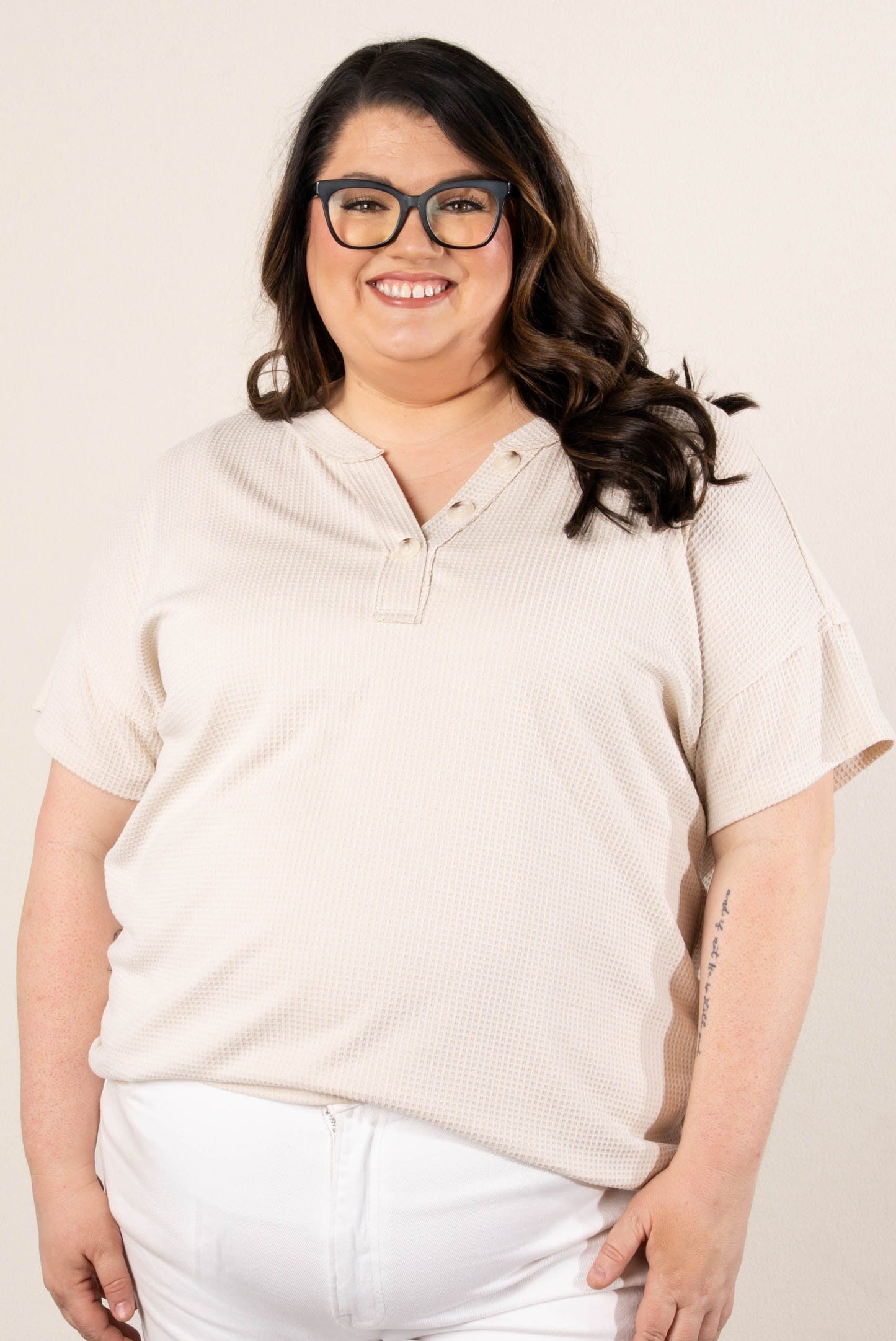 Waffle Knit Button Neck Top