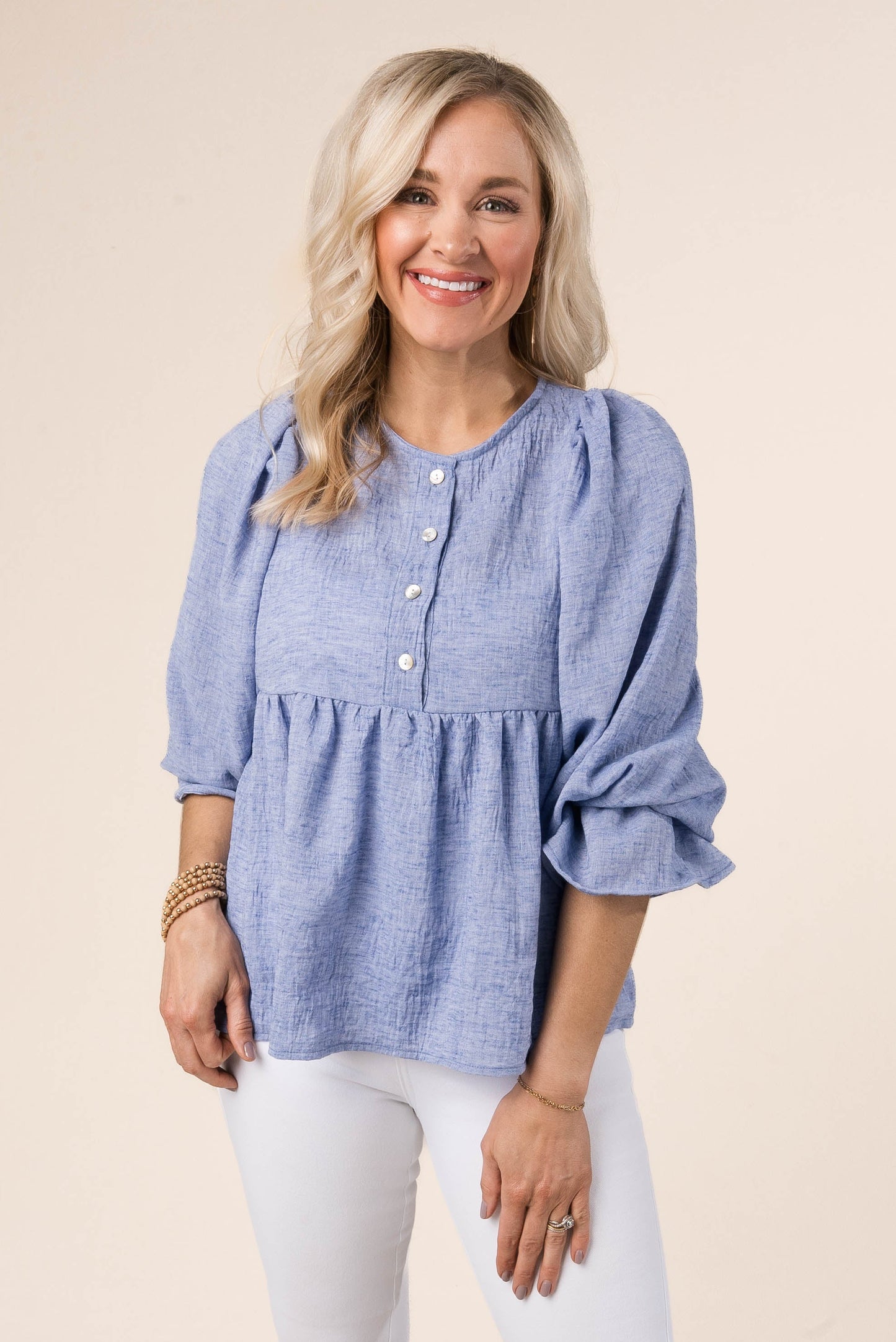 Textured Half Button Babydoll Blouse