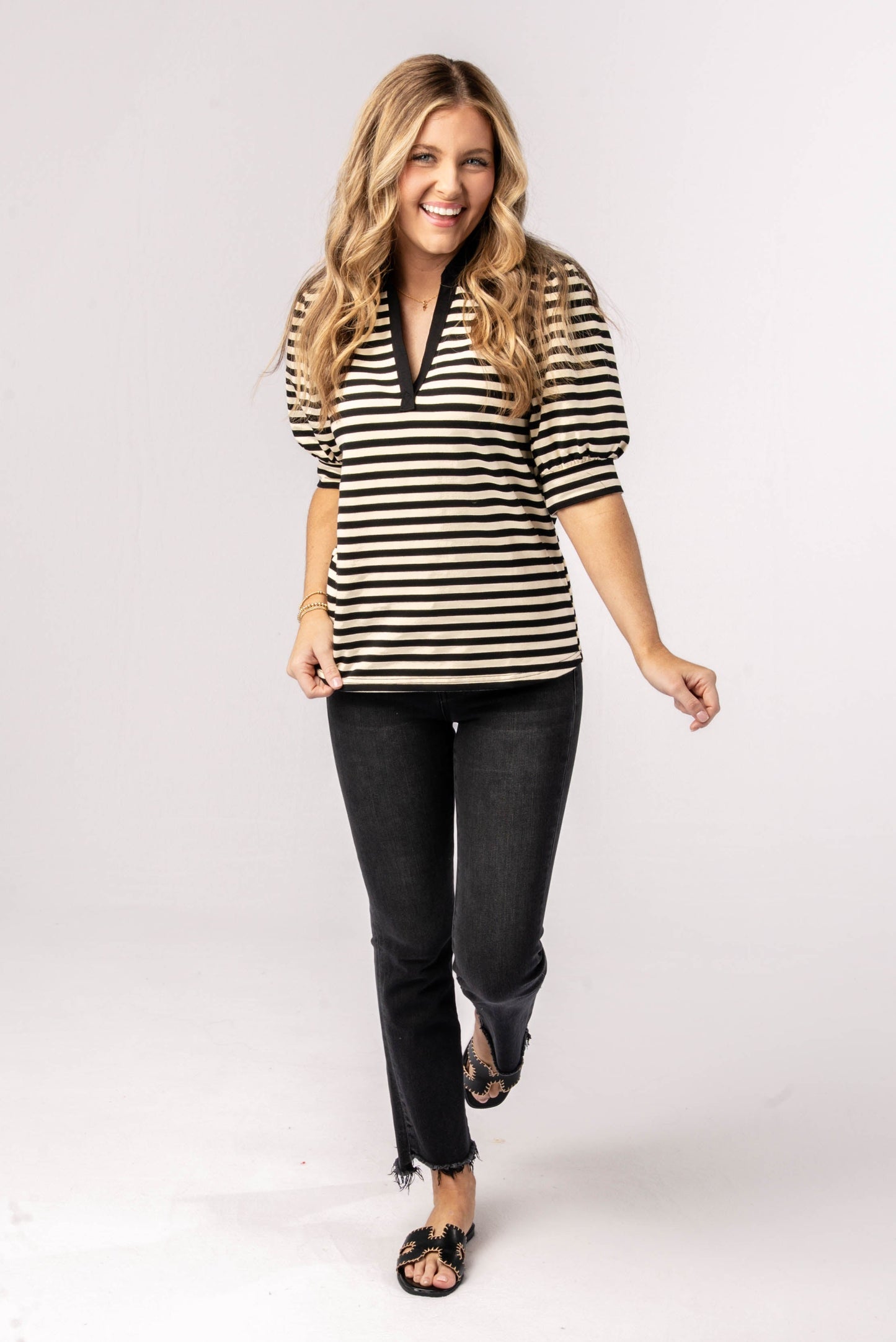 Striped Puff Sleeve Polo Top