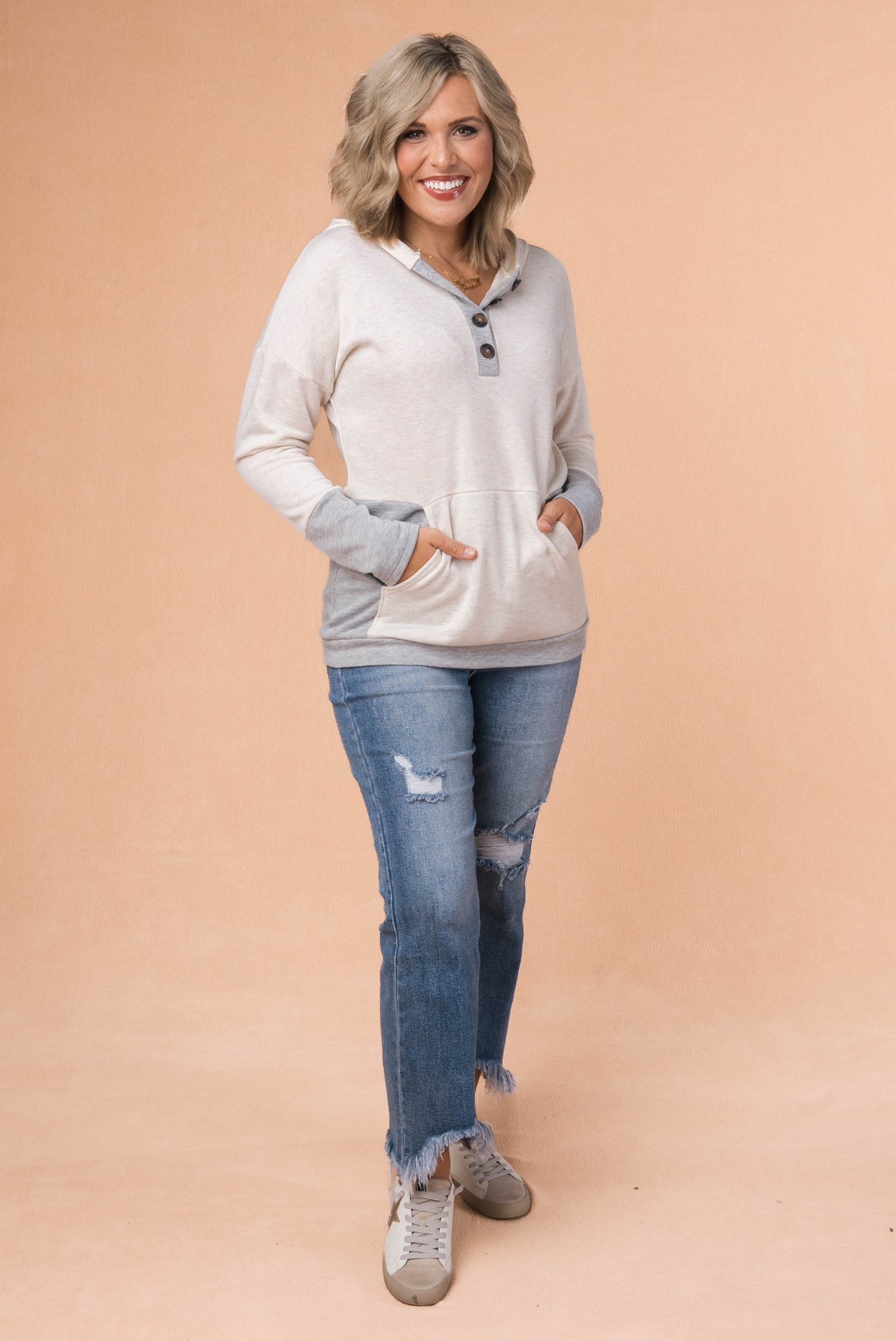 Reverse Knit Henley Hooded Top *Final Sale*