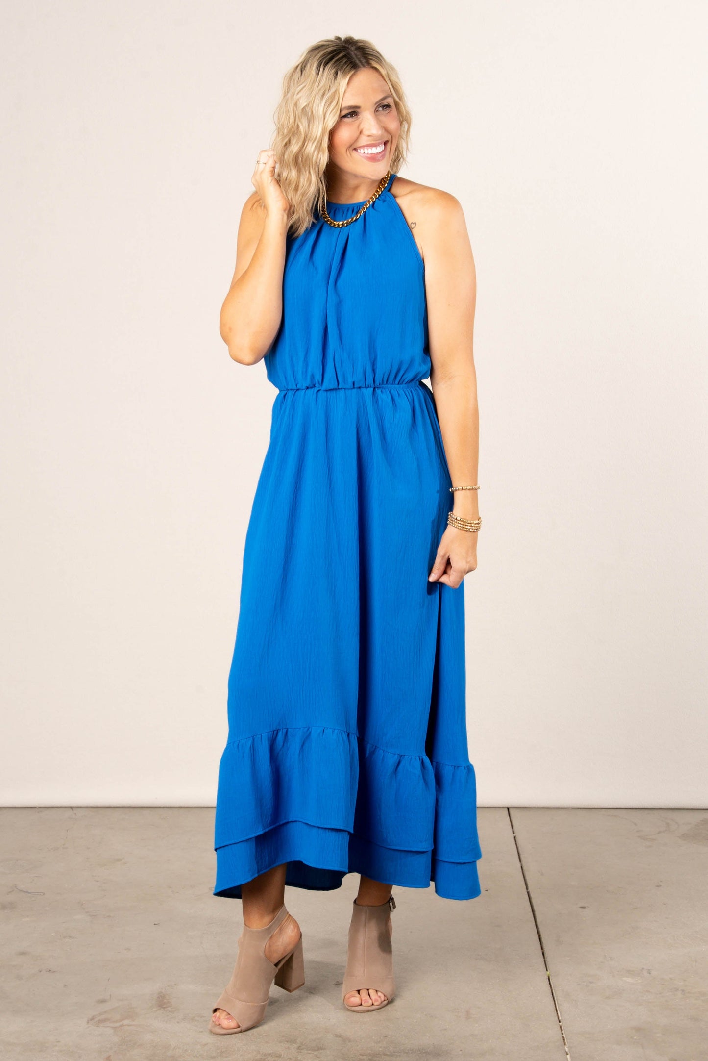 Halter Hi-Lo Ruffle Hem Maxi Dress
