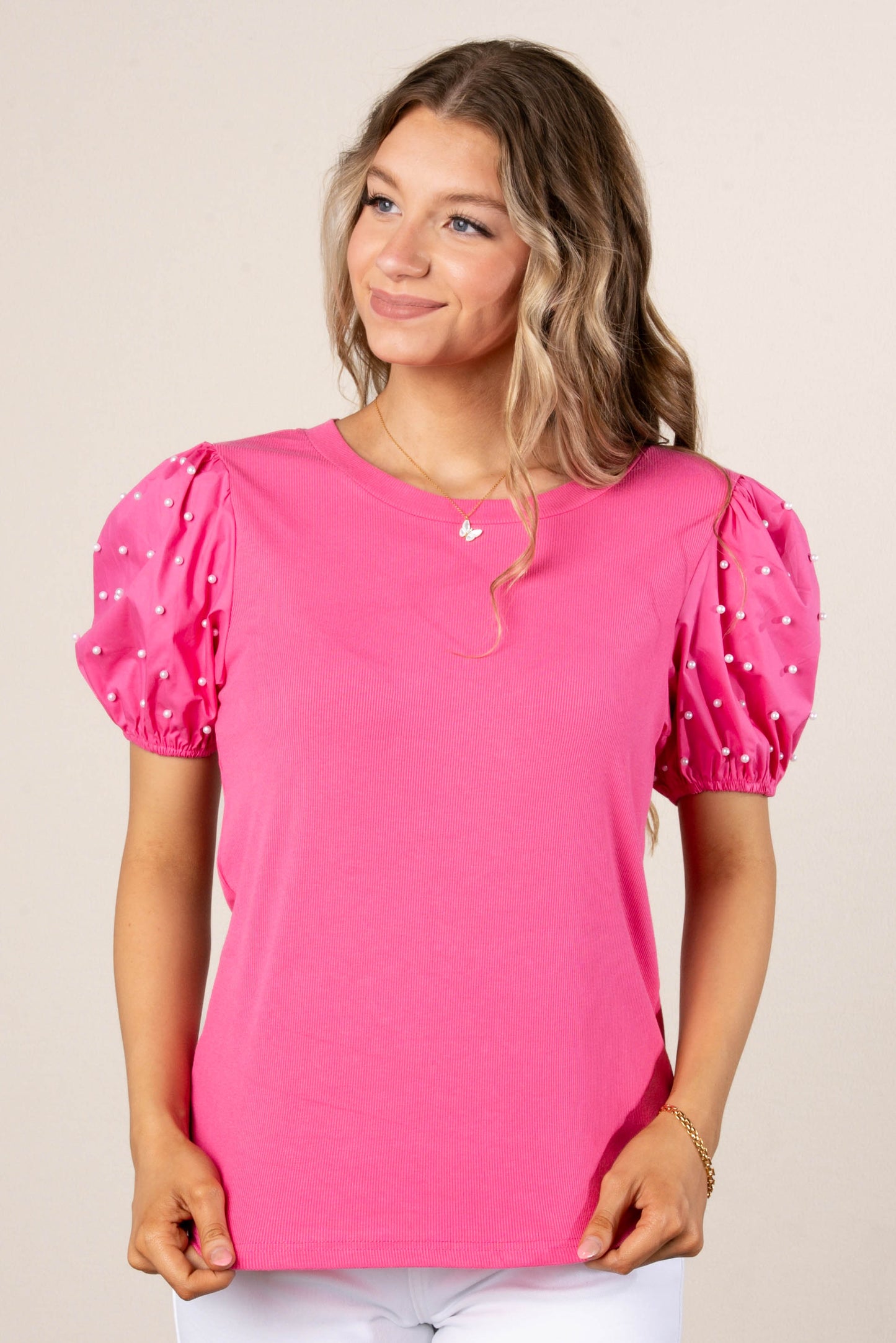 Georgia Mae Pearl Embellished Sleeve Top