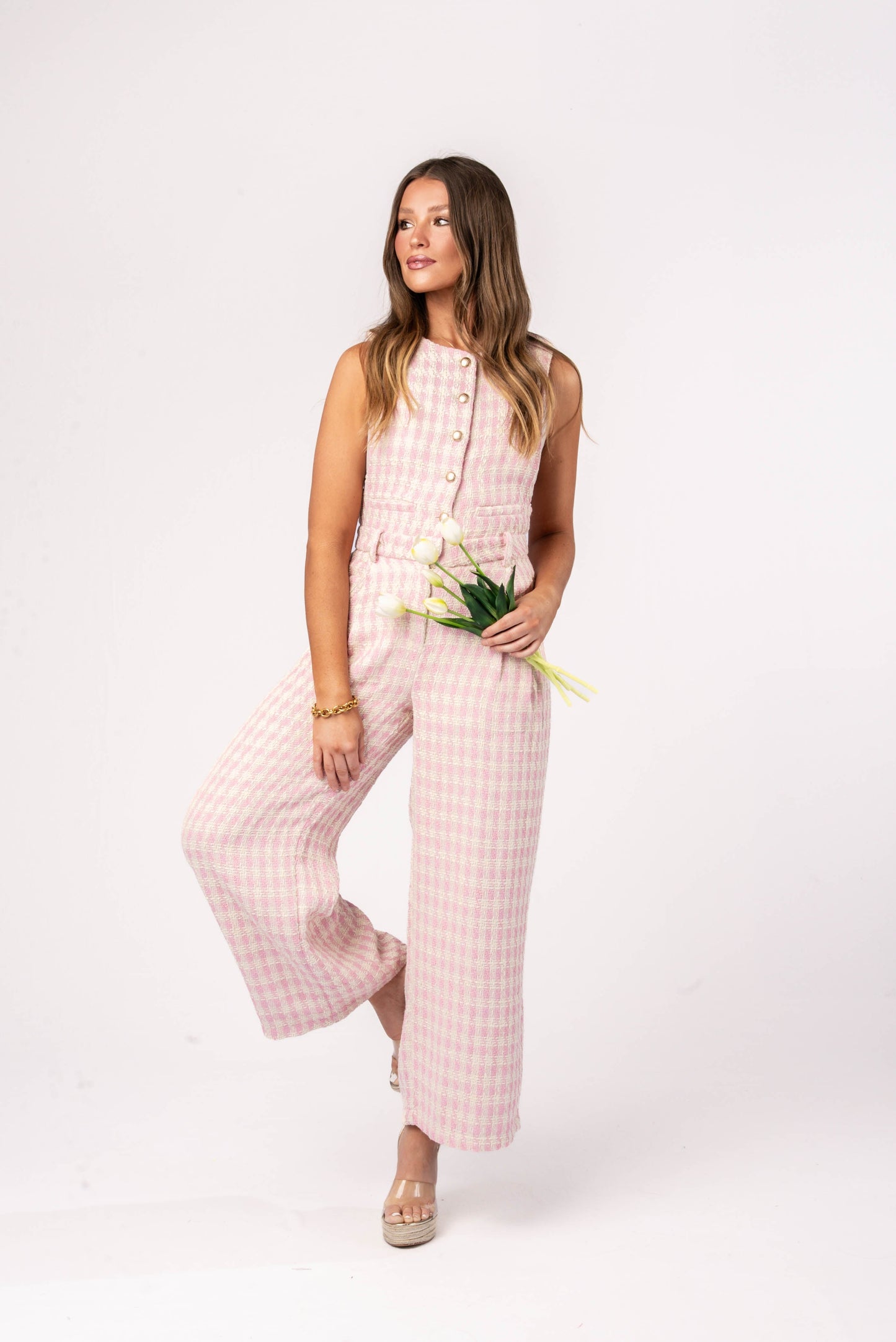 Tweed Plaid Sleeveless Button Detail Jumpsuit *Final Sale*