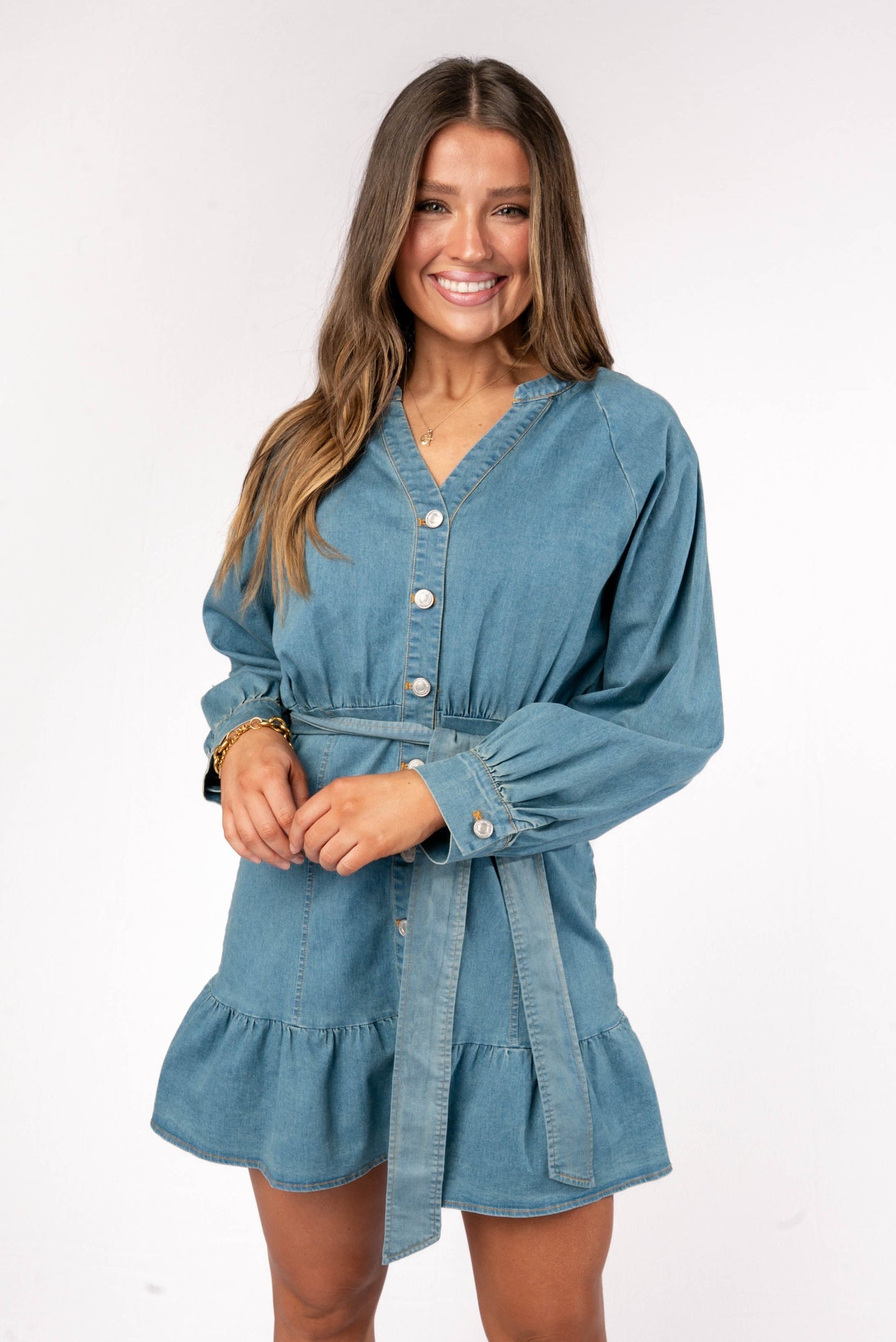 Tiered Hem Belted Denim Dress