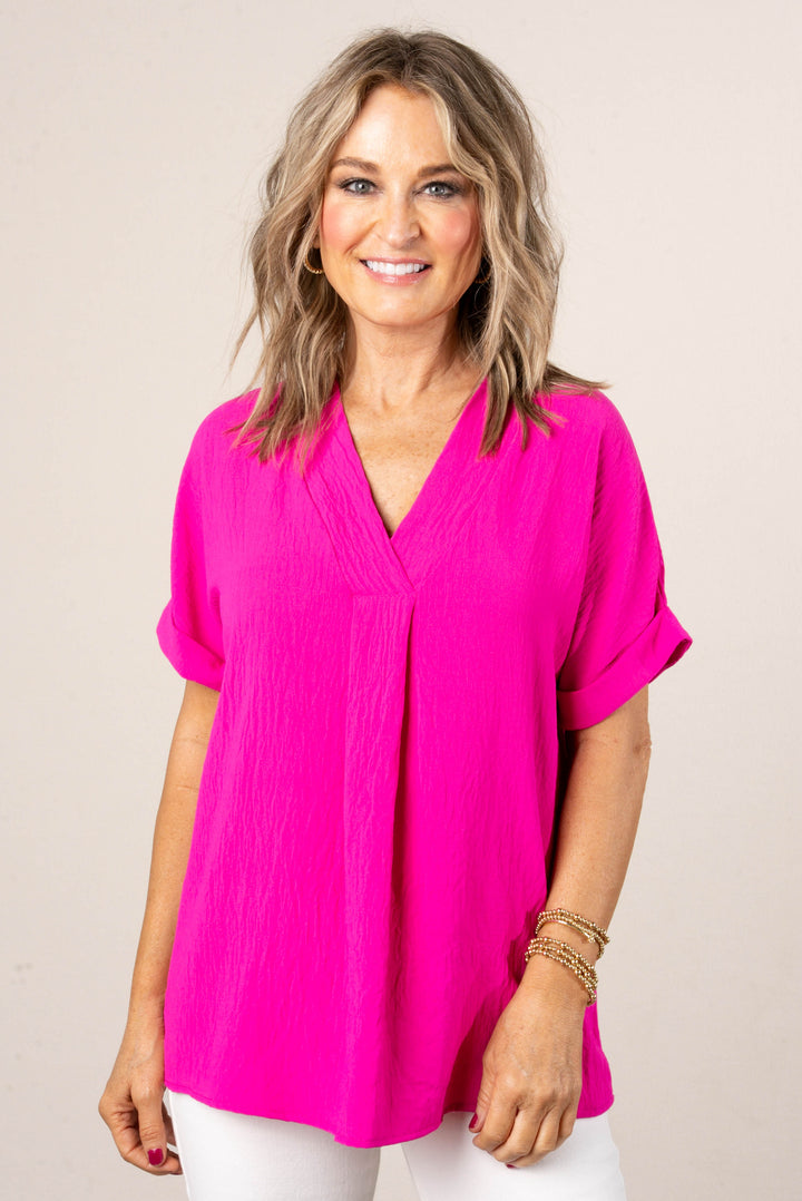 Front Pleat Cuffed Sleeve Top