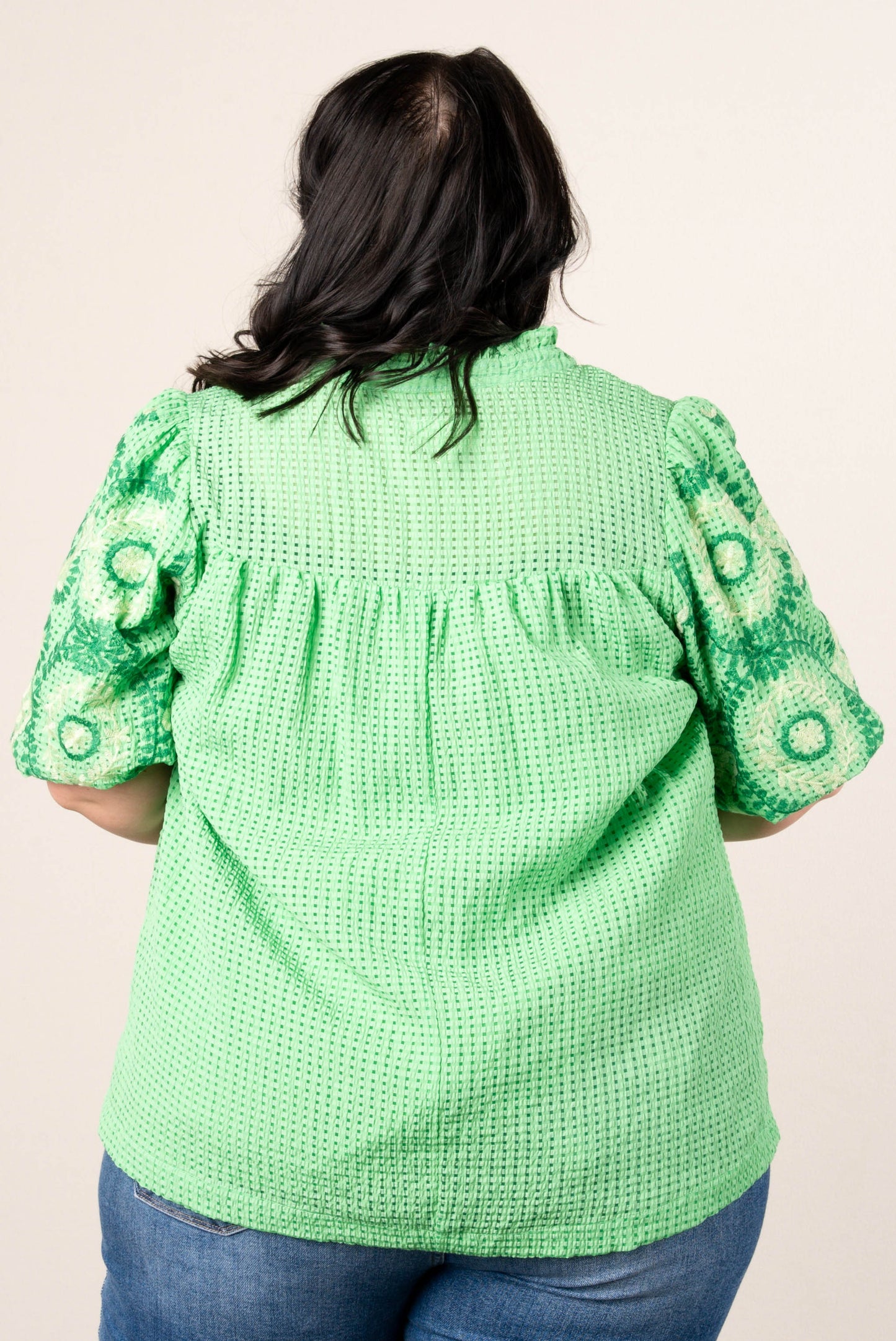 Seersucker Embroidered Sleeve Top