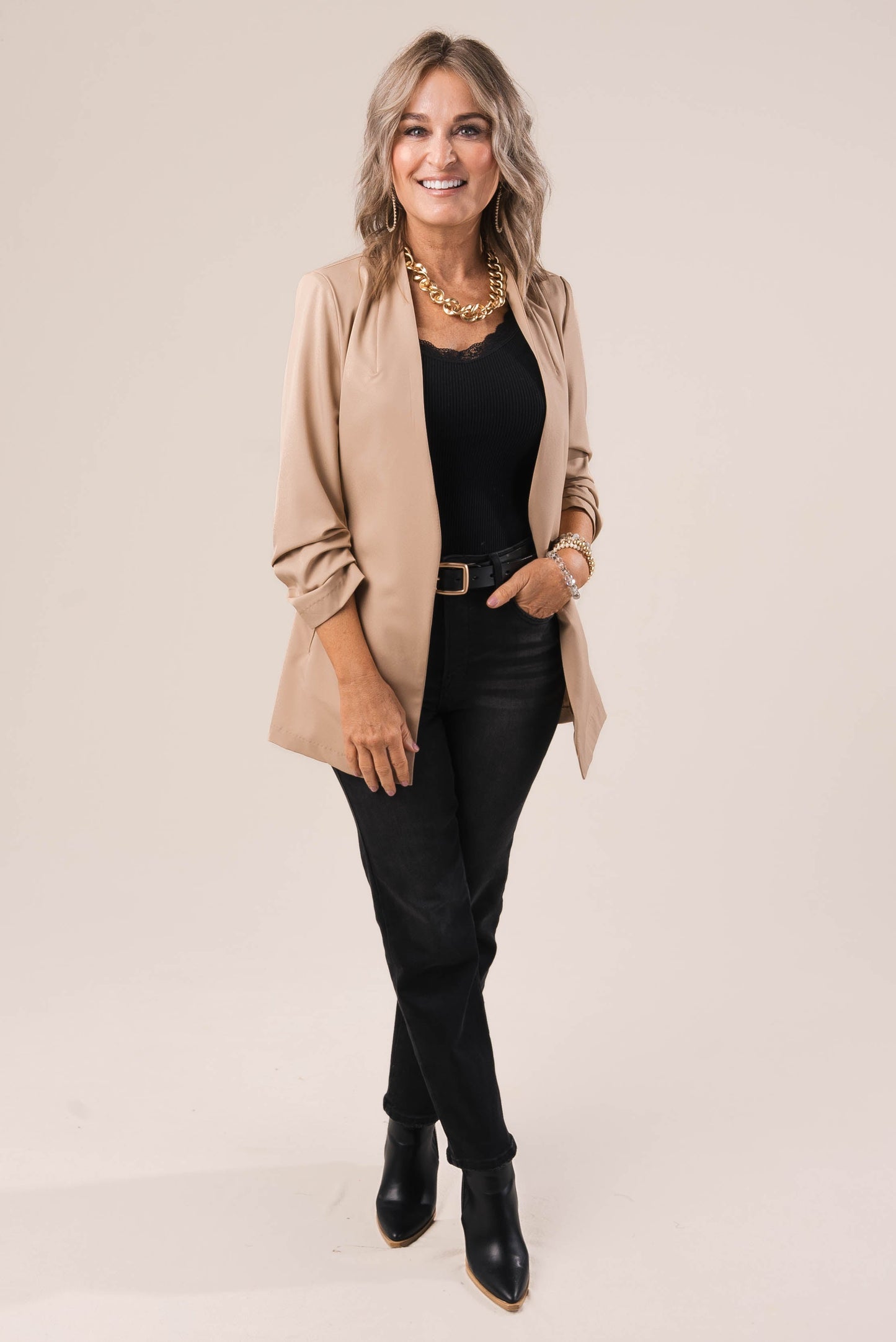 Open Front Ruched Sleeve Blazer