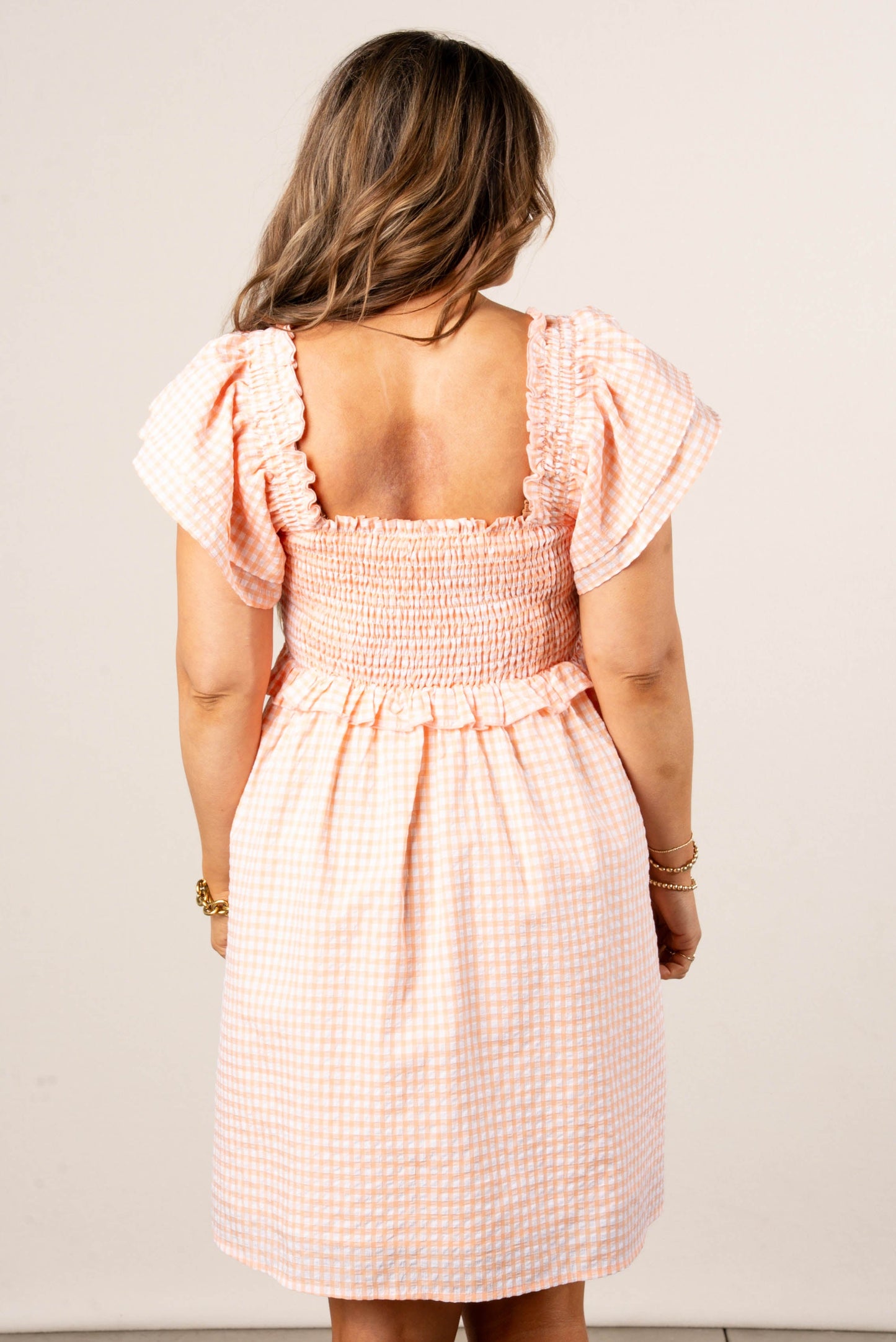 Gingham Smocked Flutter Sleeve Dress