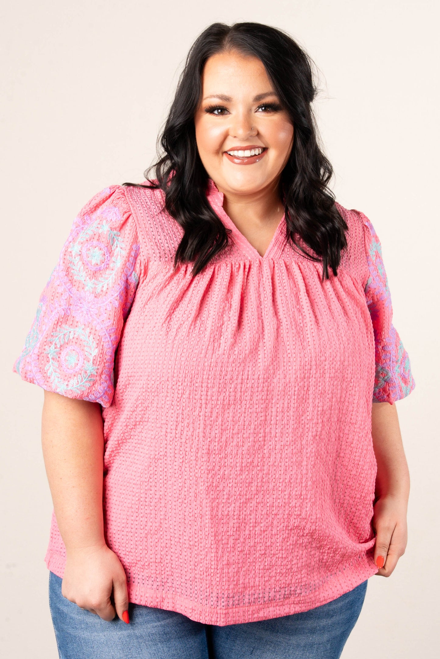 Seersucker Embroidered Sleeve Top