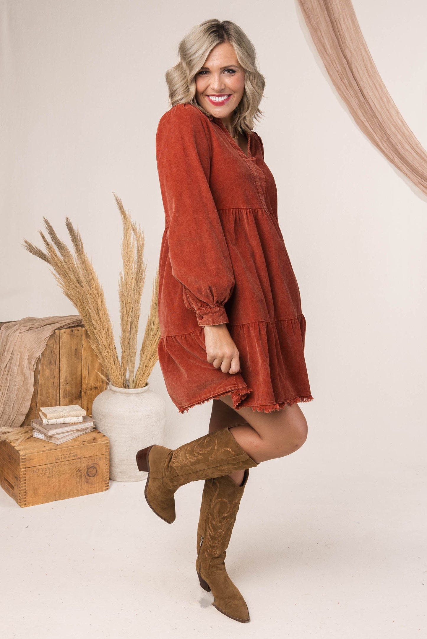 Washed Corduroy Tiered Dress