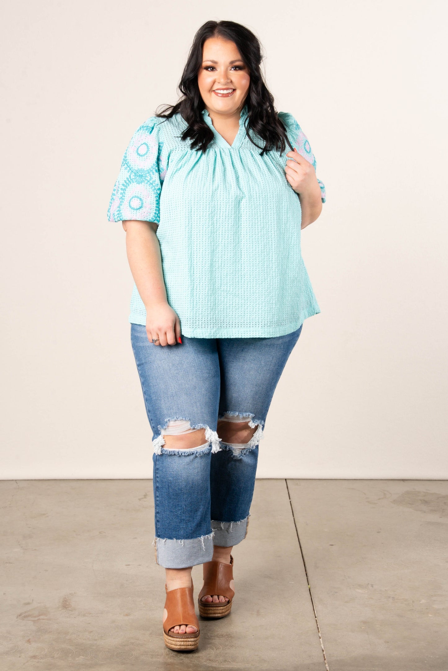 Seersucker Embroidered Sleeve Top