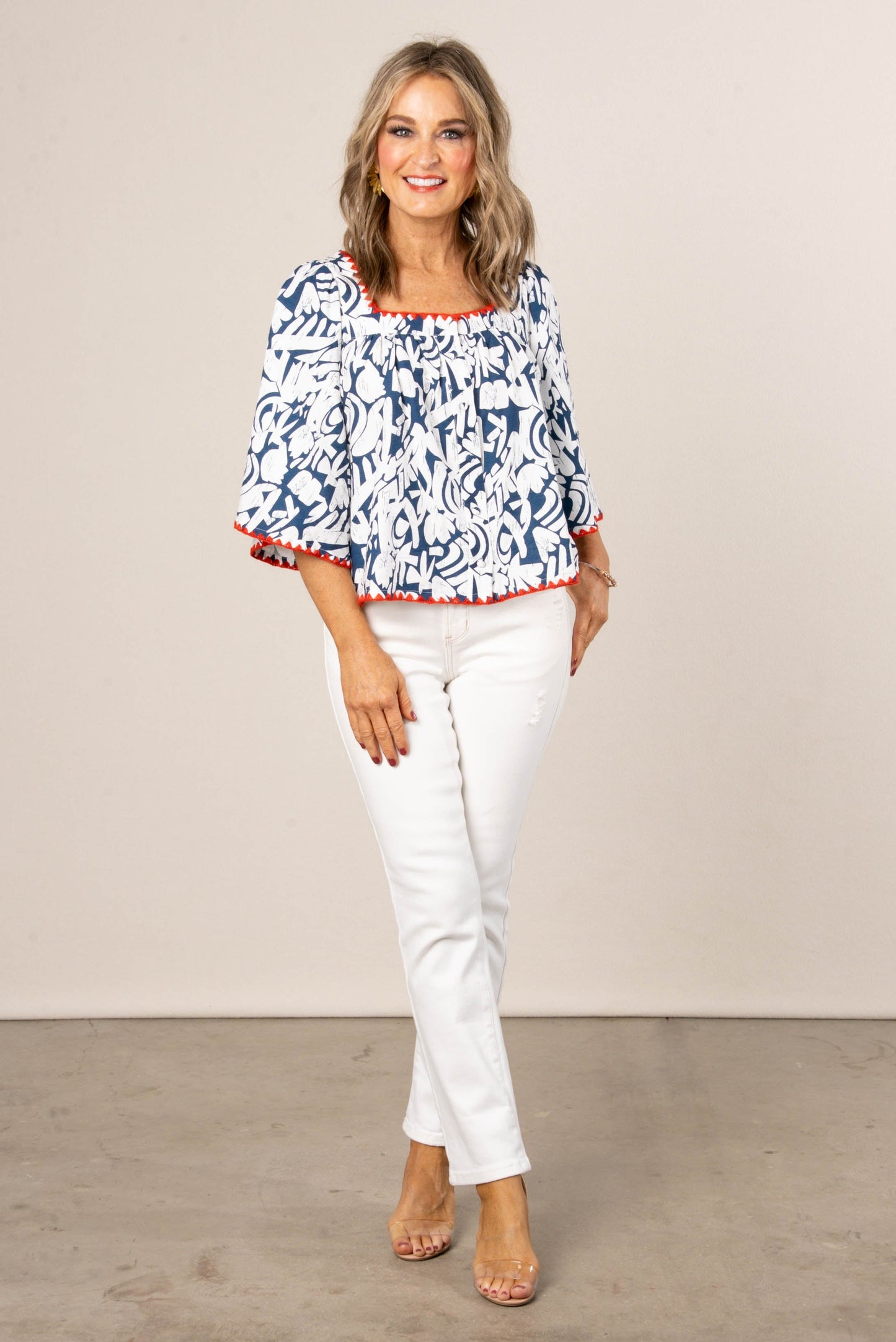 Abstract Square Neck Bell Sleeve Top