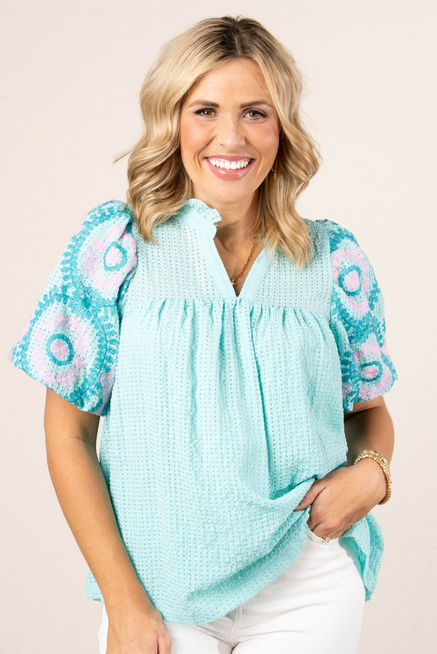 Seersucker Embroidered Sleeve Top