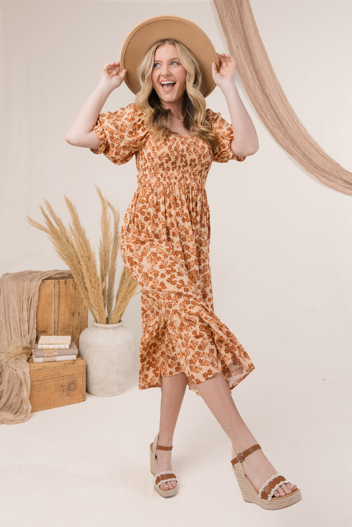 Floral Smocked Square Neck Midi Dress