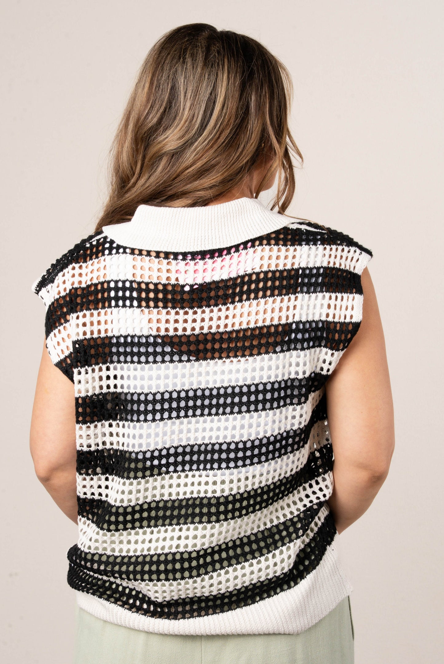 Striped Open Knit Collared Top