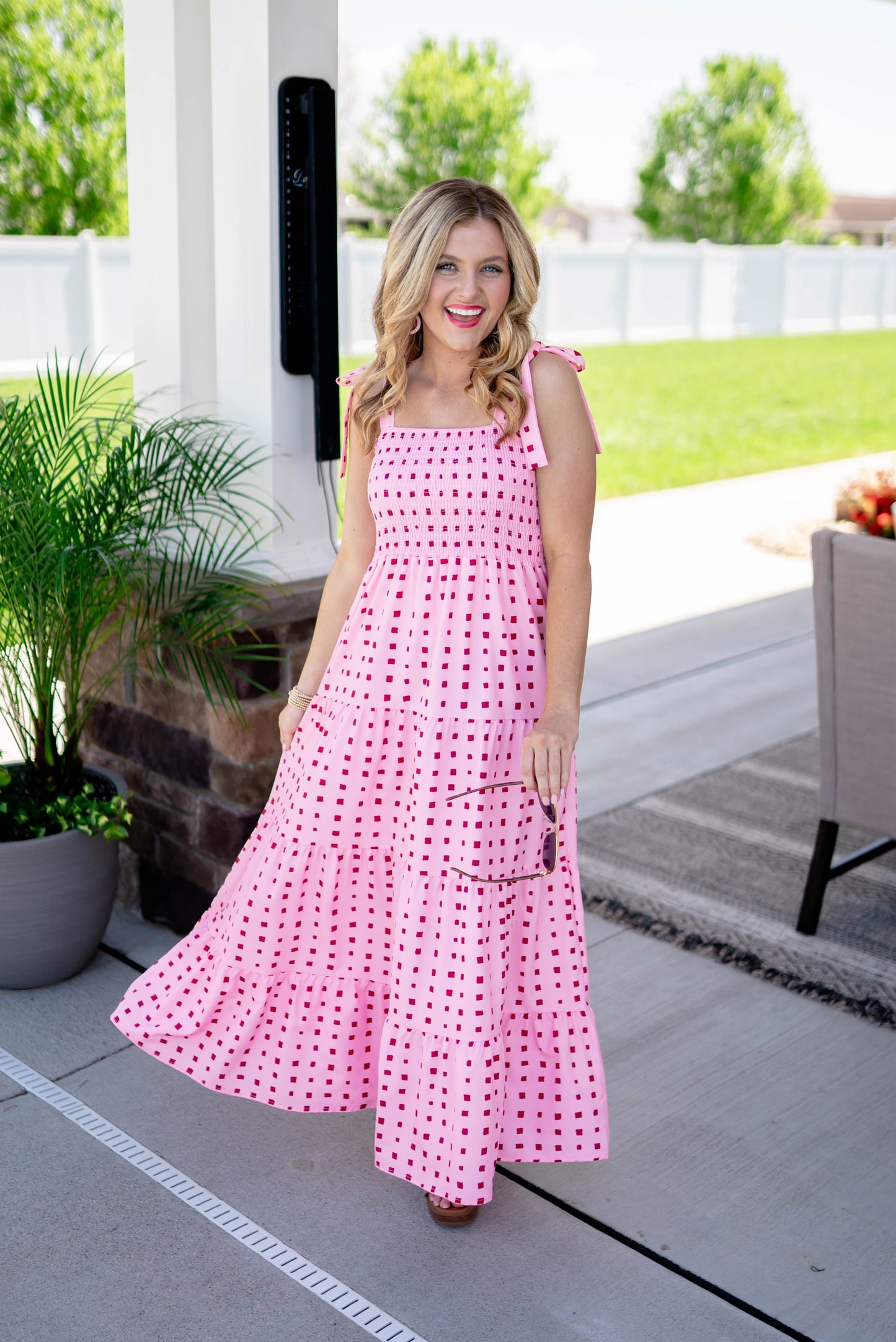Square Dot Tie Shoulder Midi Dress