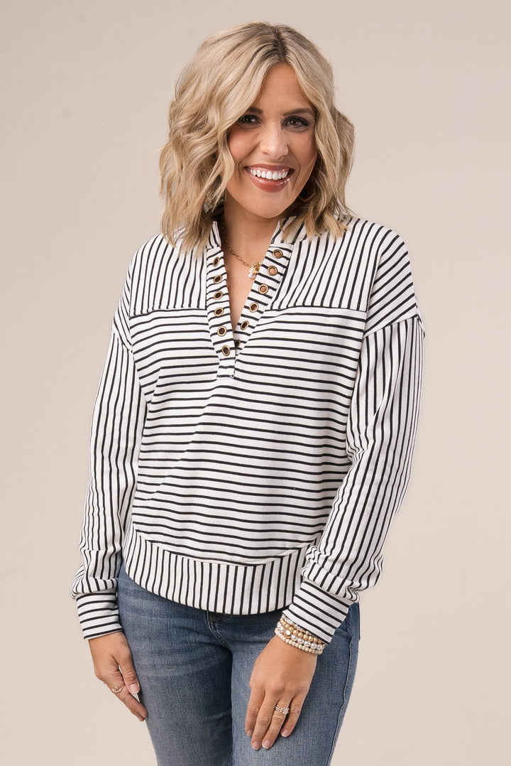 Striped Split Grommet Neck Top