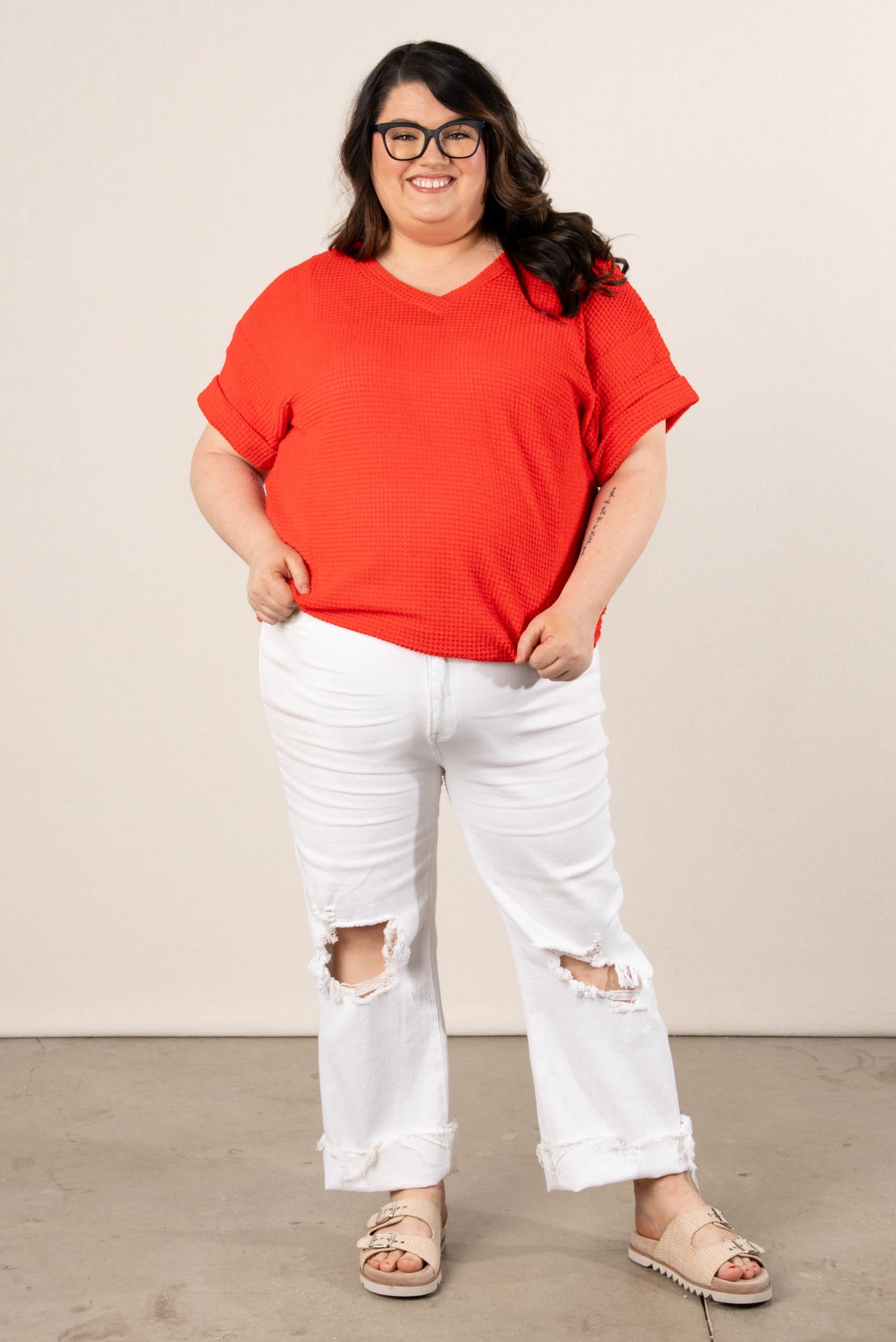 Waffle Knit Cuffed Sleeve Top