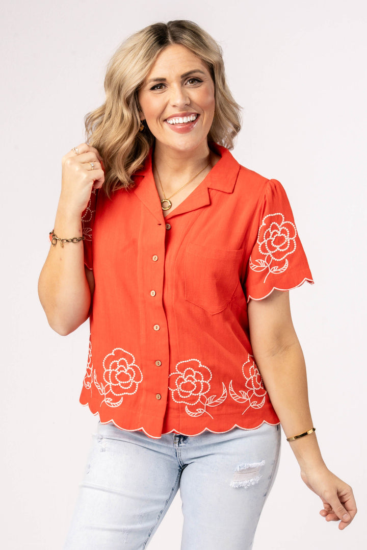 Floral Embroidered Scallop Edge Top