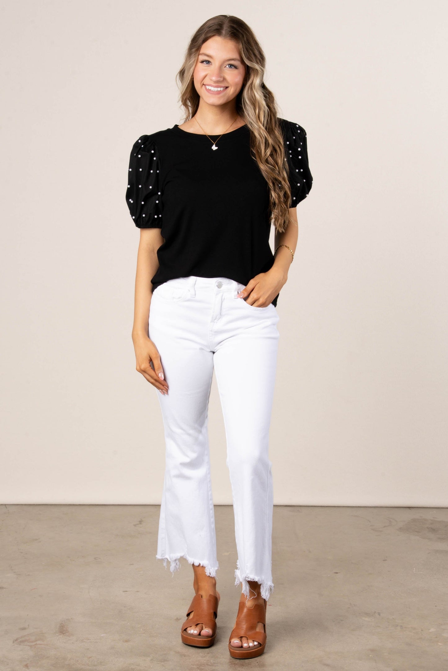 Georgia Mae Pearl Embellished Sleeve Top
