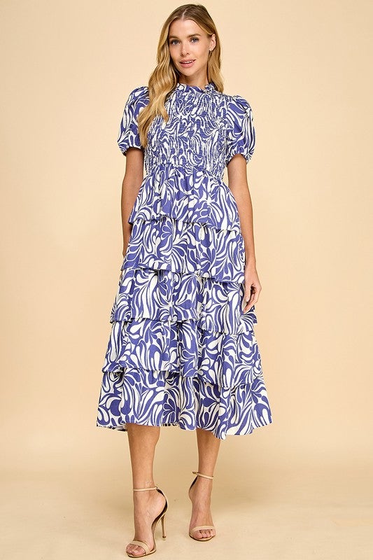 Abstract Print Smocked Detail Midi Dress