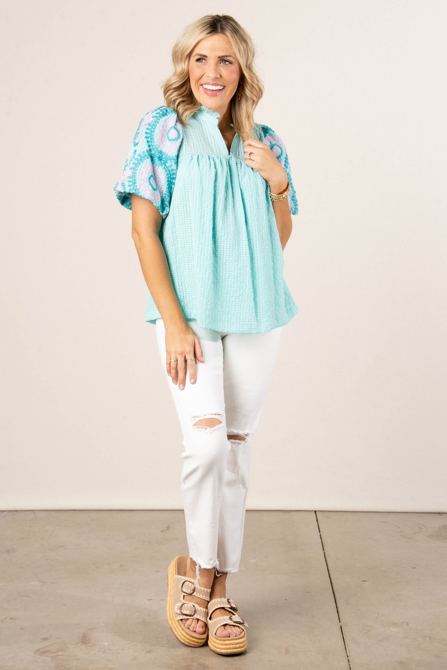 Seersucker Embroidered Sleeve Top