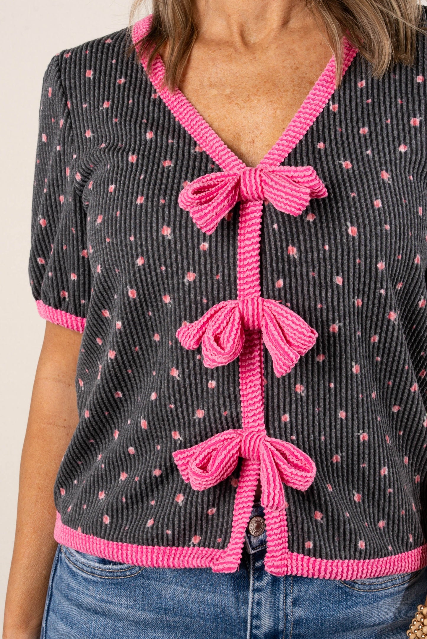 Ribbed Floral Bow Front Top *Final Sale*