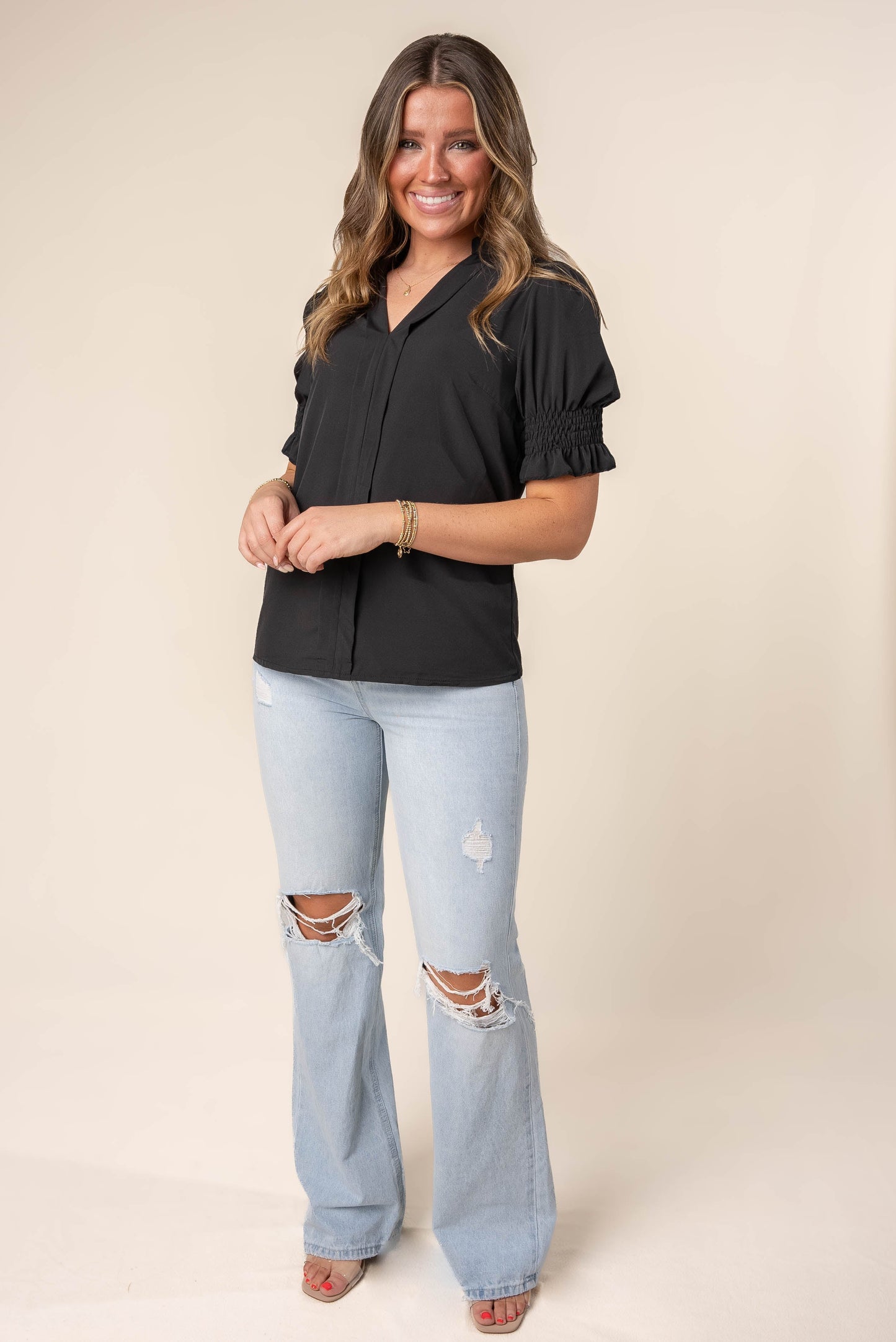 Pleat Front Smocked Sleeve Blouse *Final Sale*