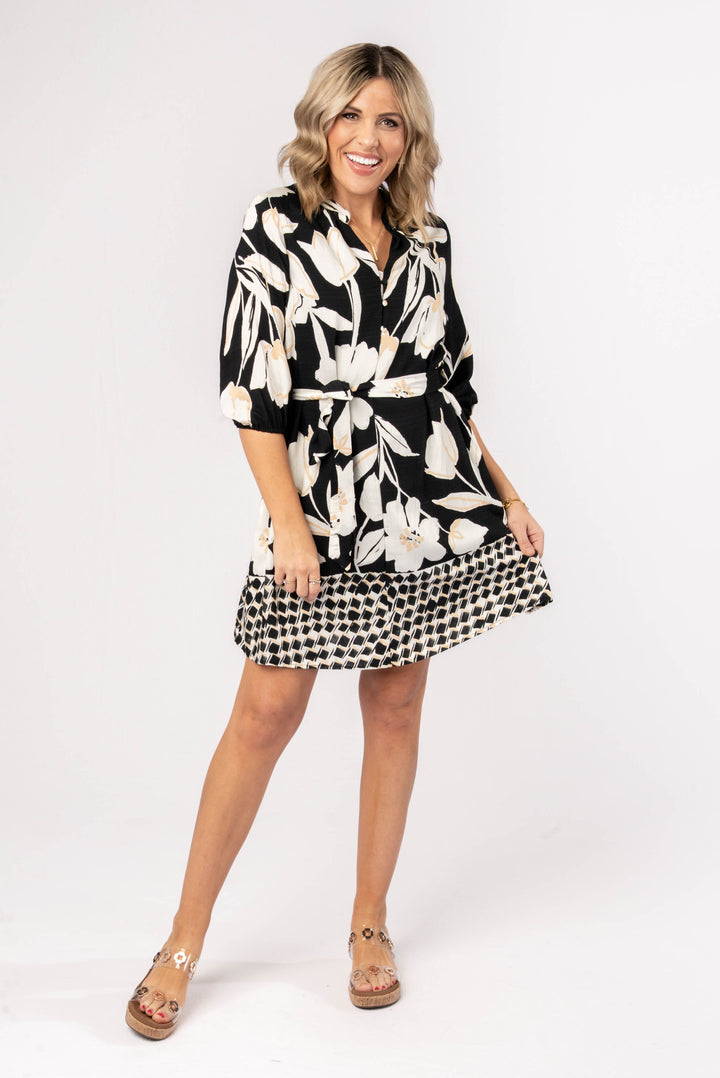 Floral Border Print Belted Dress